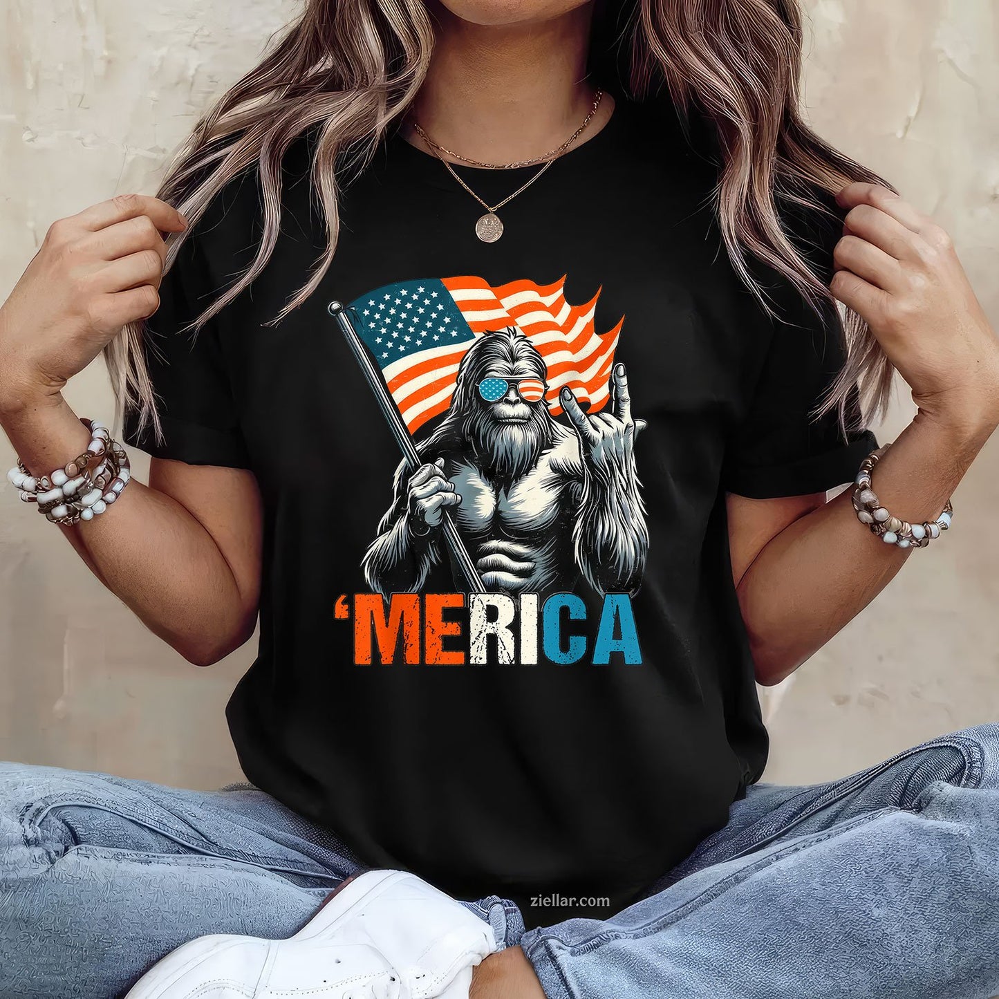 Bigfoot Merica Rock American Flag Patriotic 4th Of