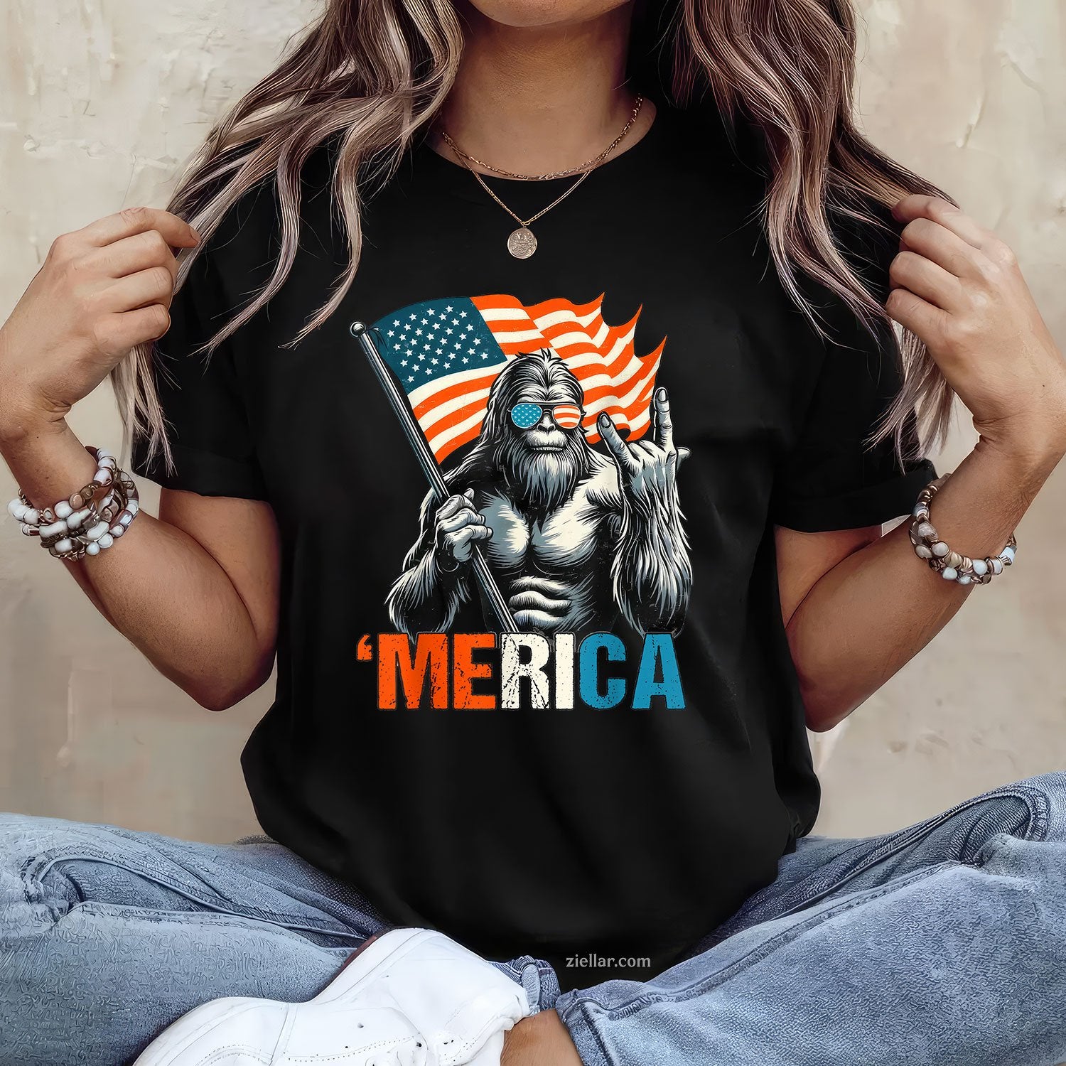 Bigfoot Merica Rock American Flag Patriotic 4th Of