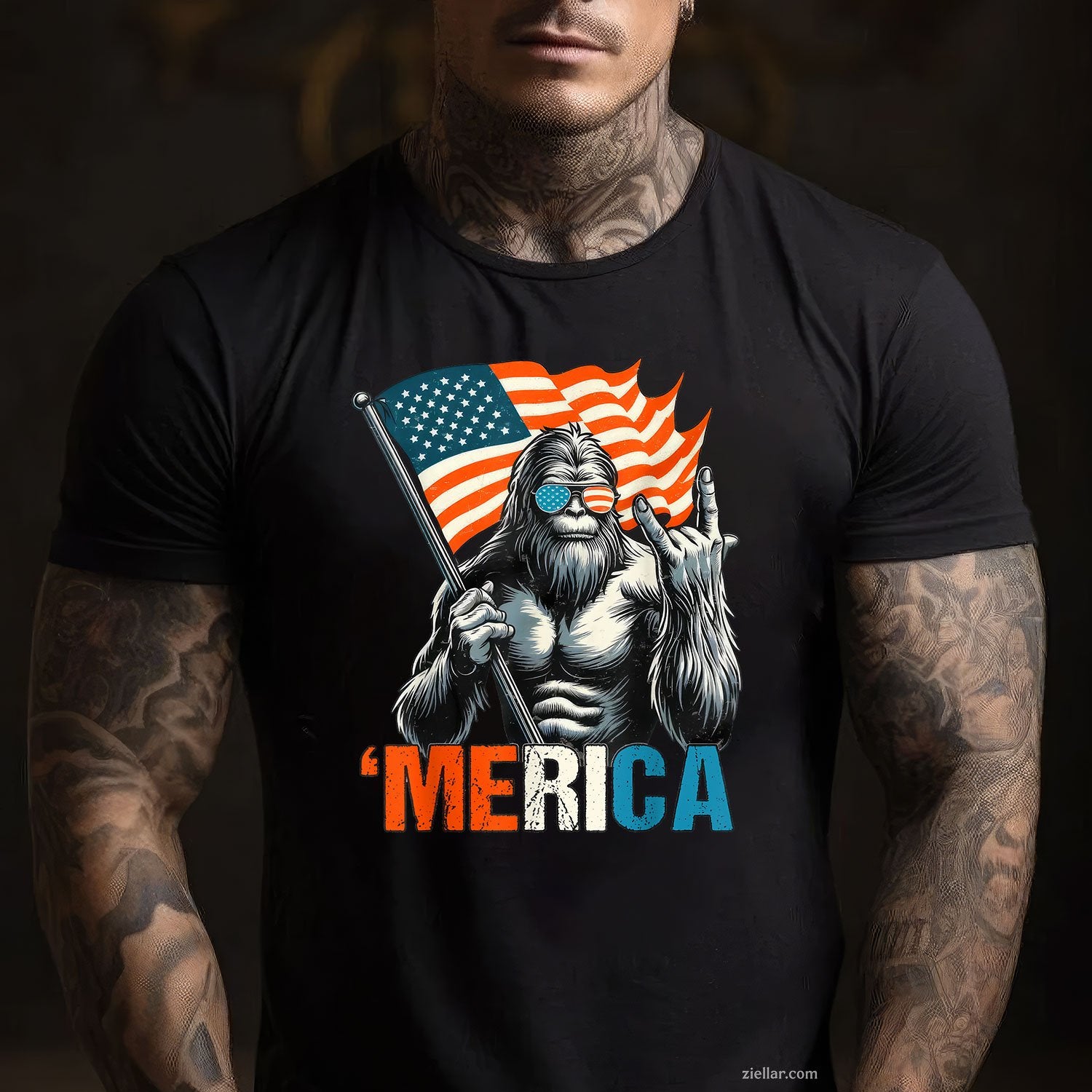 Bigfoot Merica Rock American Flag Patriotic 4th Of