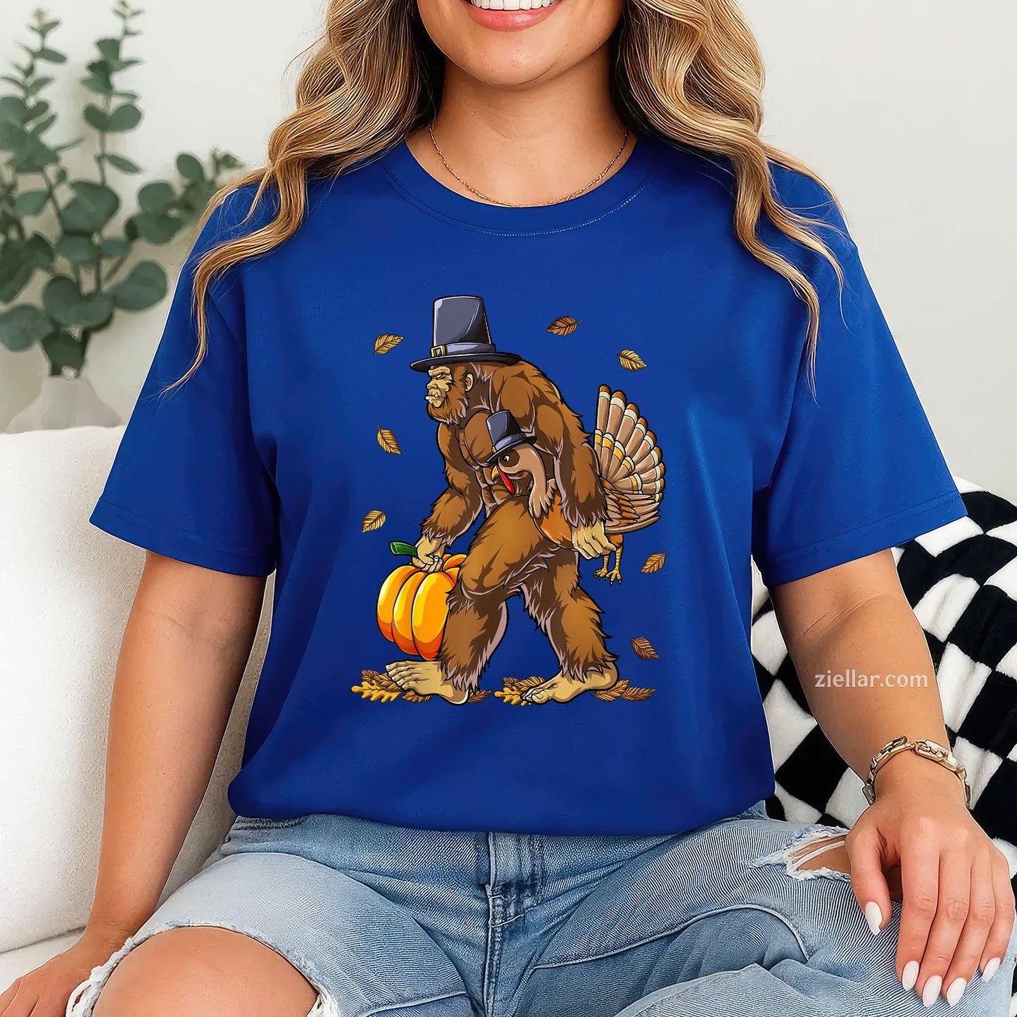 Bigfoot Pilgrim Turkey Tee and T-Shirt, Funny Fall Pumpkin Thanksgiving T-Shirt for Adults