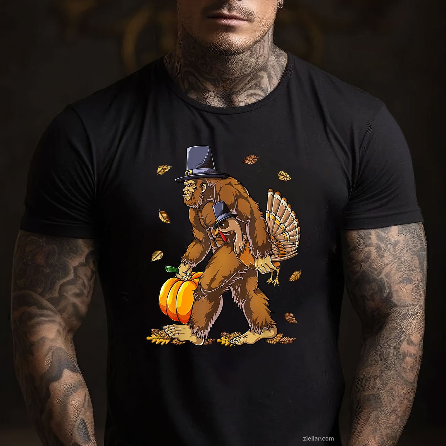 Bigfoot Pilgrim Turkey Tee and T-Shirt, Funny Fall Pumpkin Thanksgiving T-Shirt for Adults