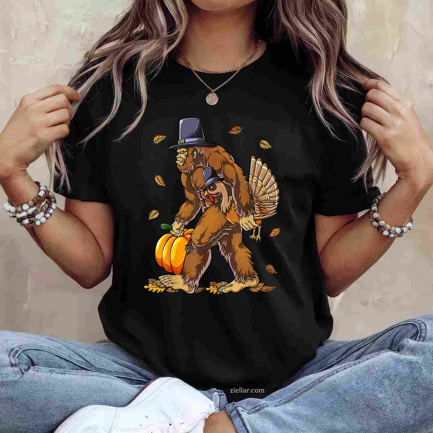 Bigfoot Pilgrim Turkey Pumpkin Day Coolest Autumn T-Shirt And Tee For Men And Boys