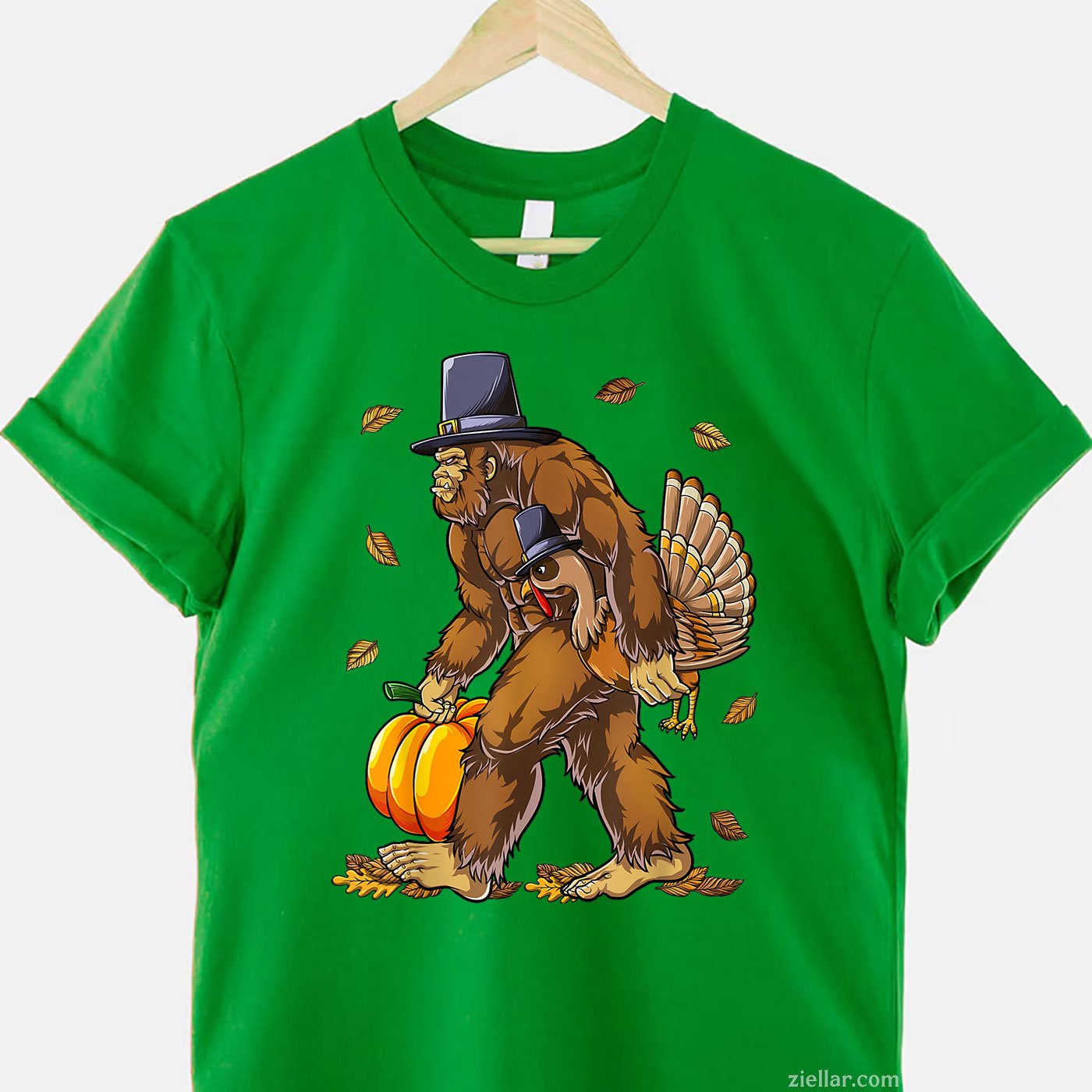 Bigfoot Pilgrim Turkey Tee and T-Shirt, Funny Fall Pumpkin Thanksgiving T-Shirt for Adults