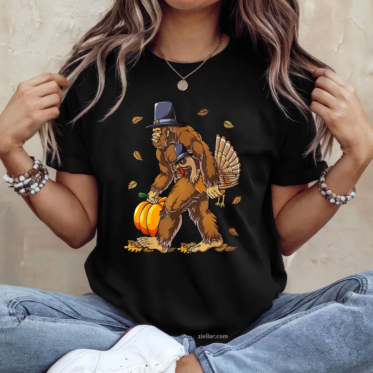 Bigfoot Pilgrim Turkey Tee and T-Shirt, Funny Fall Pumpkin Thanksgiving T-Shirt for Adults