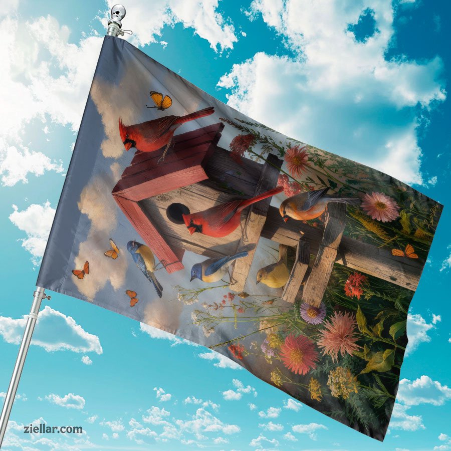 Birdhouse with Colorful Birds and Flowers Garden Flag Spring Outdoor Decor