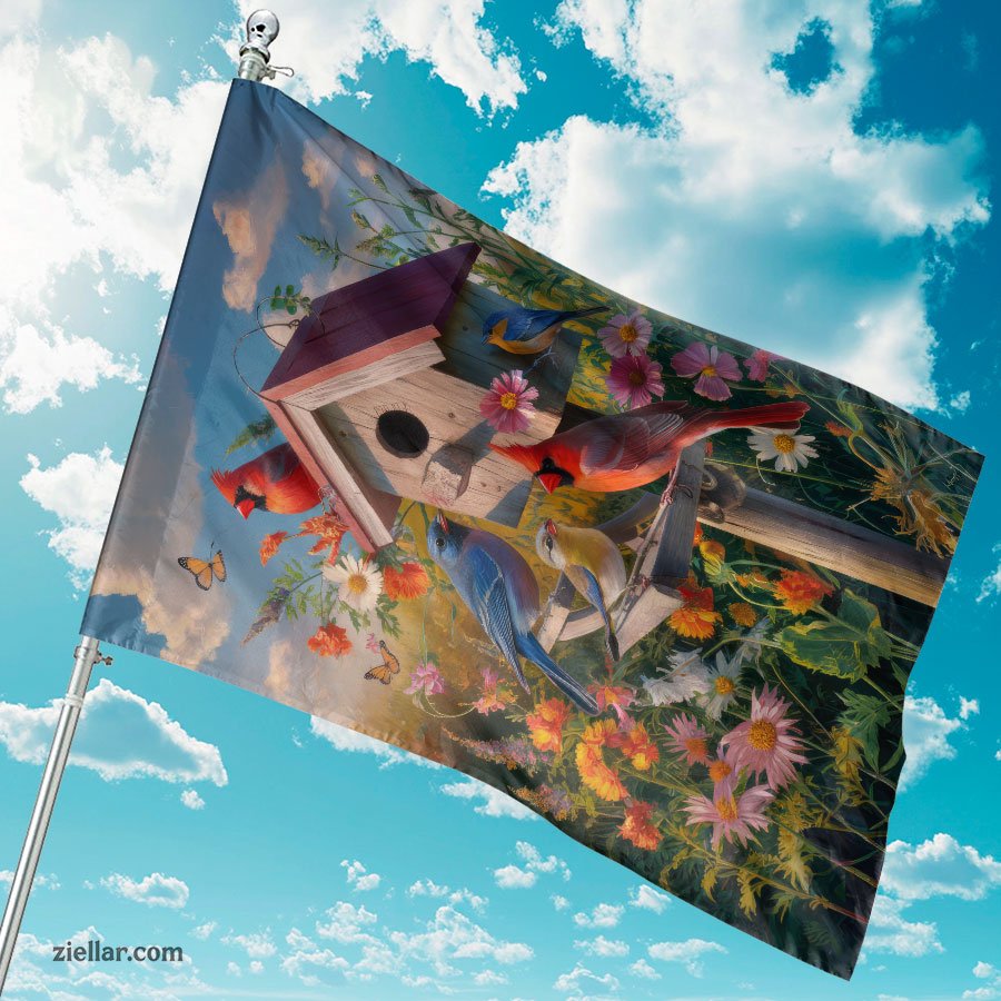 Birdhouse with Bright Birds and Flowers Decorative Outdoor House Flag