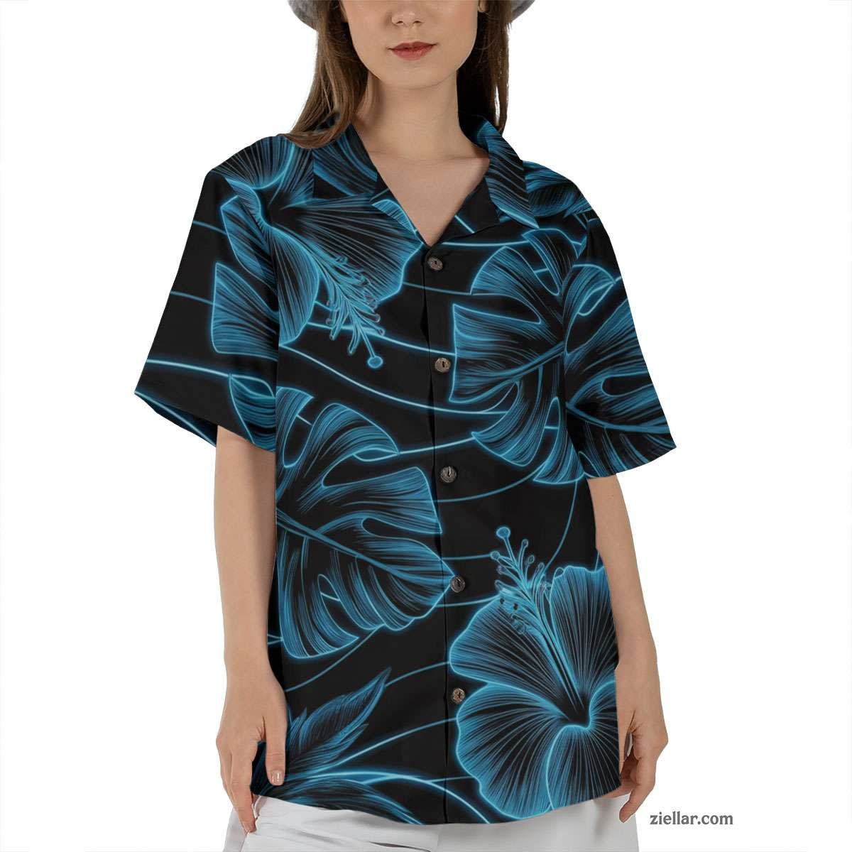 Black Blue Hibiscus Print Hawaiian Shirt and Tee, Tropical Vacation Shirt