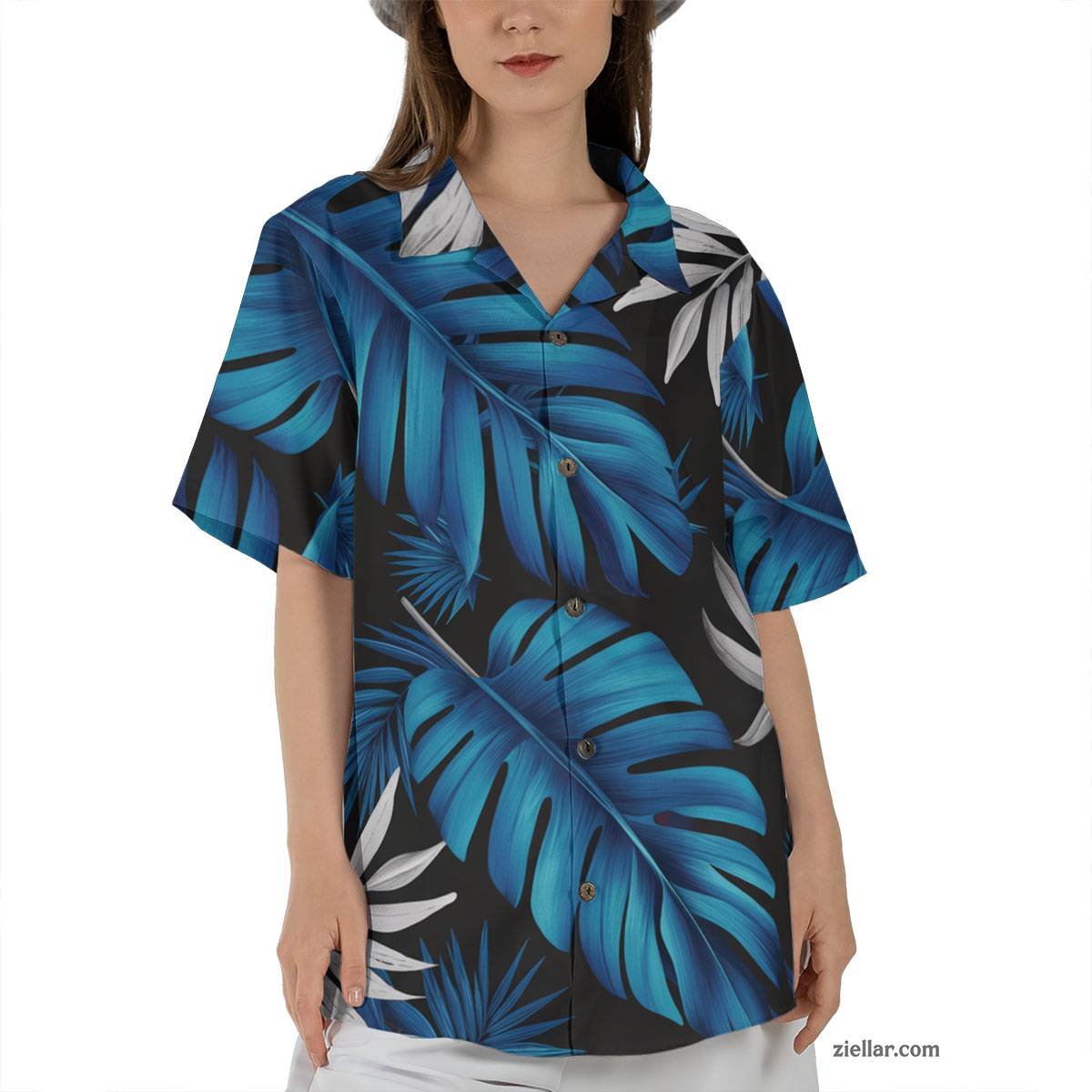 Black Blue Palm Hawaiian Shirt Tee, Tropical Aloha Vacation Shirt Adults