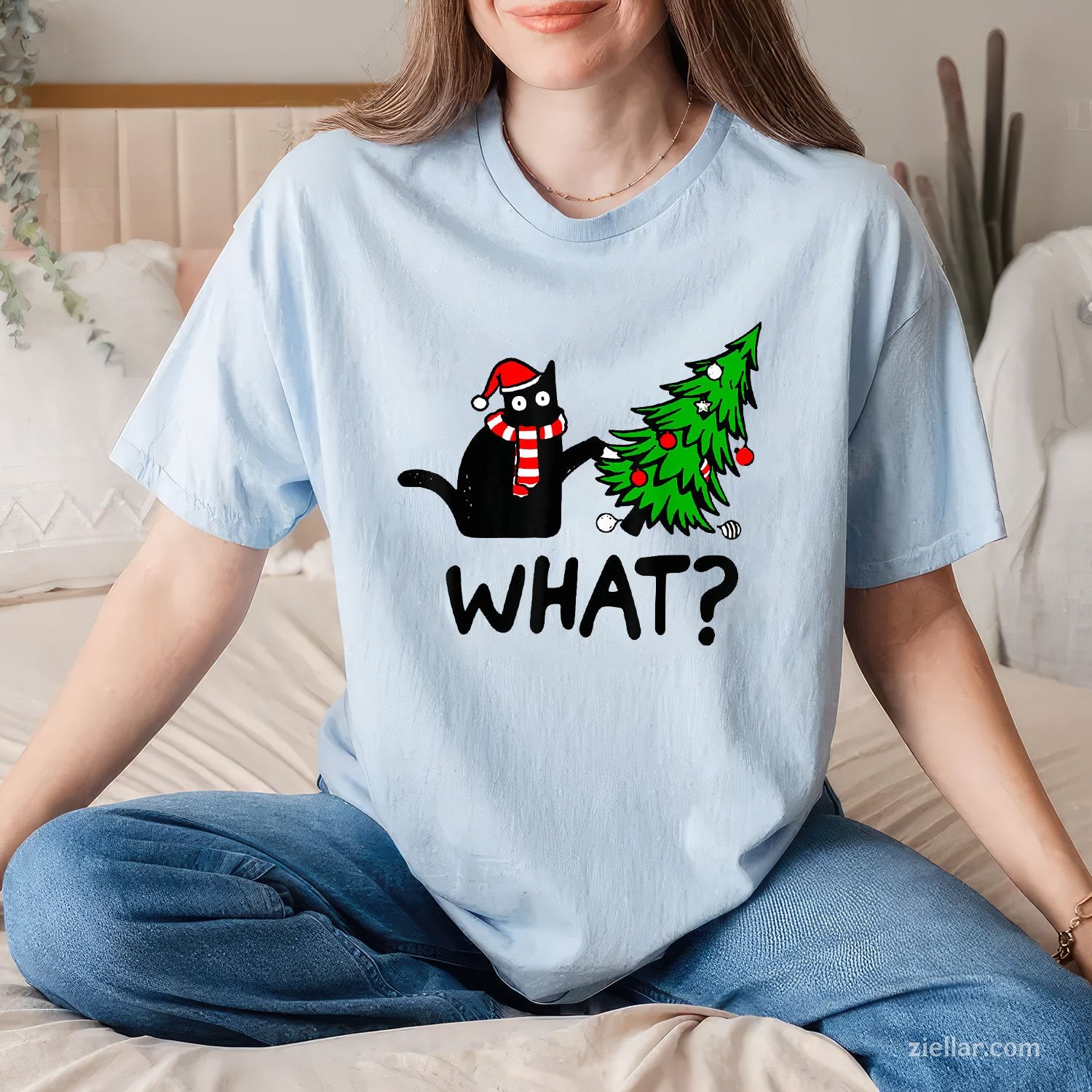 Black Cat Christmas Tee and T-Shirt, Funny Tree Pushing Gift T-Shirt for Adults