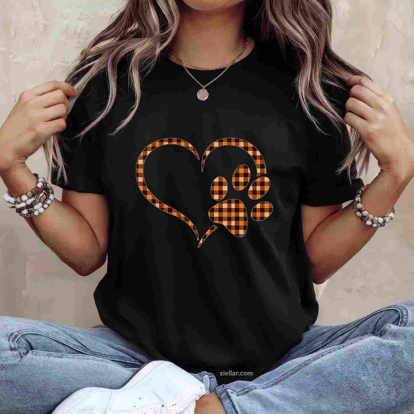 Black Orange Plaid dog paw Print heart Halloween Fall Autumn T-Shirt and Tee for Adults Men Women Unisex