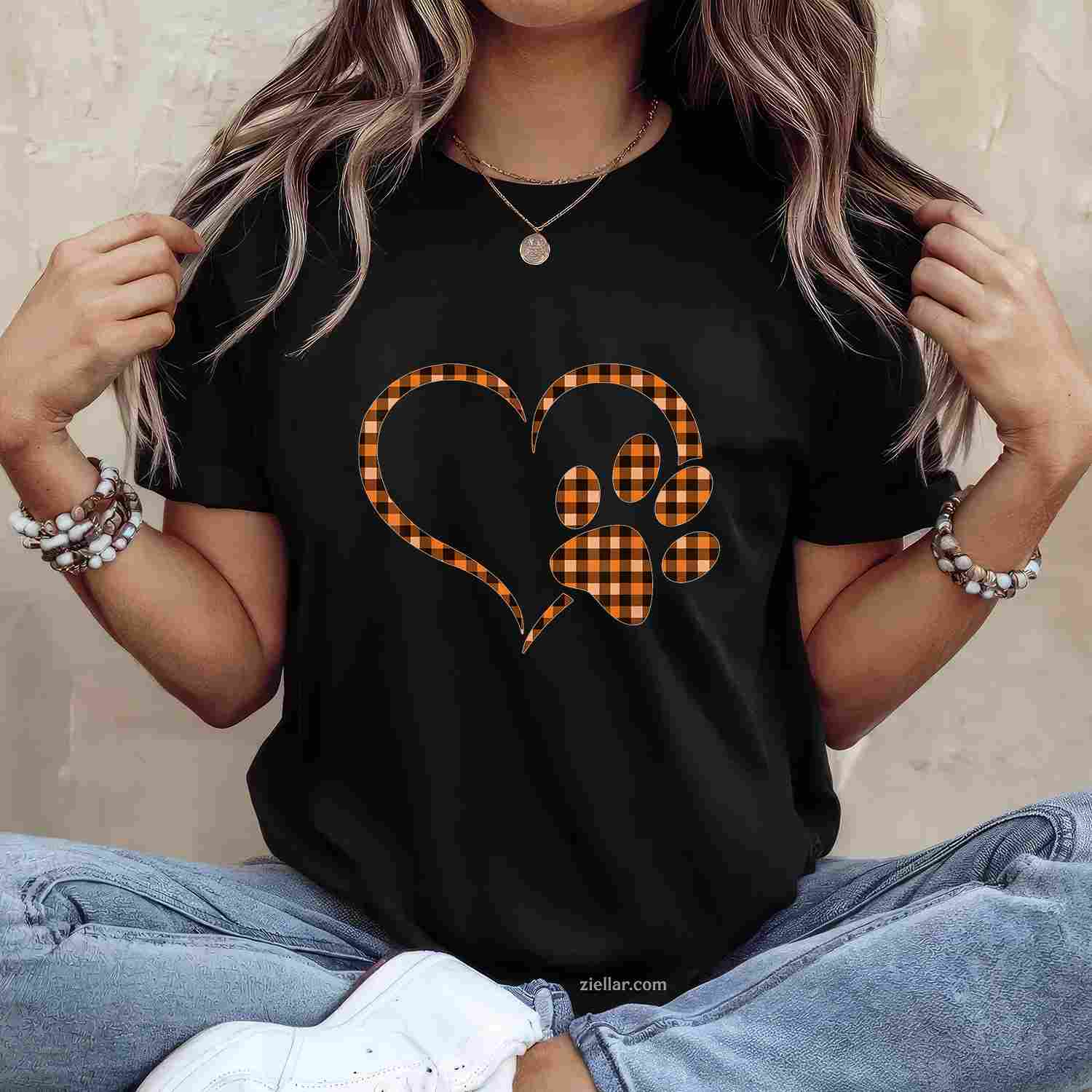 Black Orange Plaid dog paw Print heart Halloween Fall Autumn T-Shirt and Tee for Adults Men Women Unisex