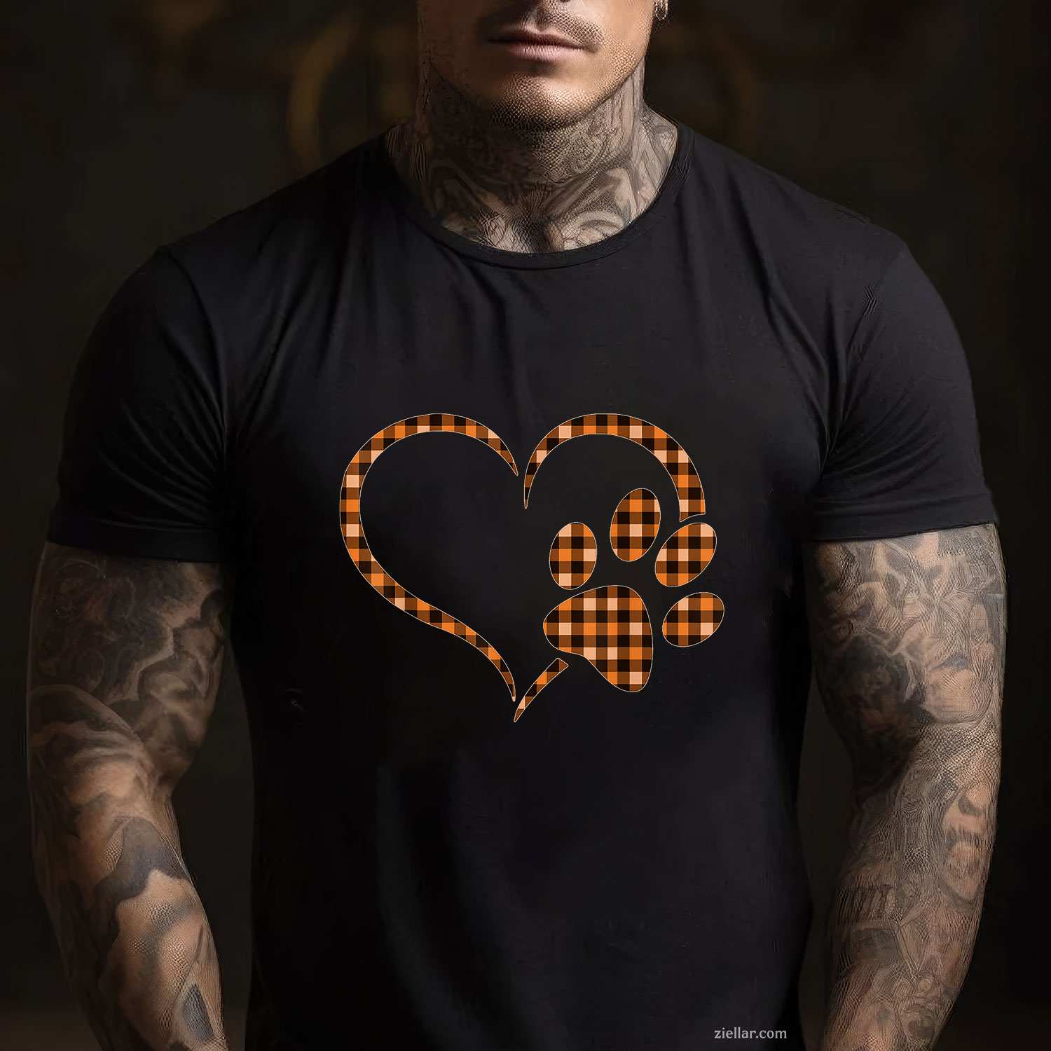 Black Orange Plaid dog paw Print heart Halloween Fall Autumn T-Shirt and Tee for Adults Men Women Unisex