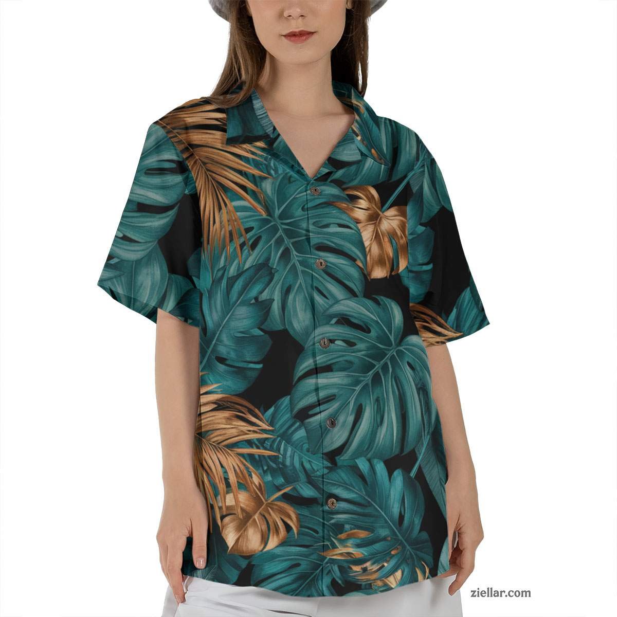 Black Teal Gold Tropical Hawaiian Shirt and Tee, Aloha Beachwear for Adults
