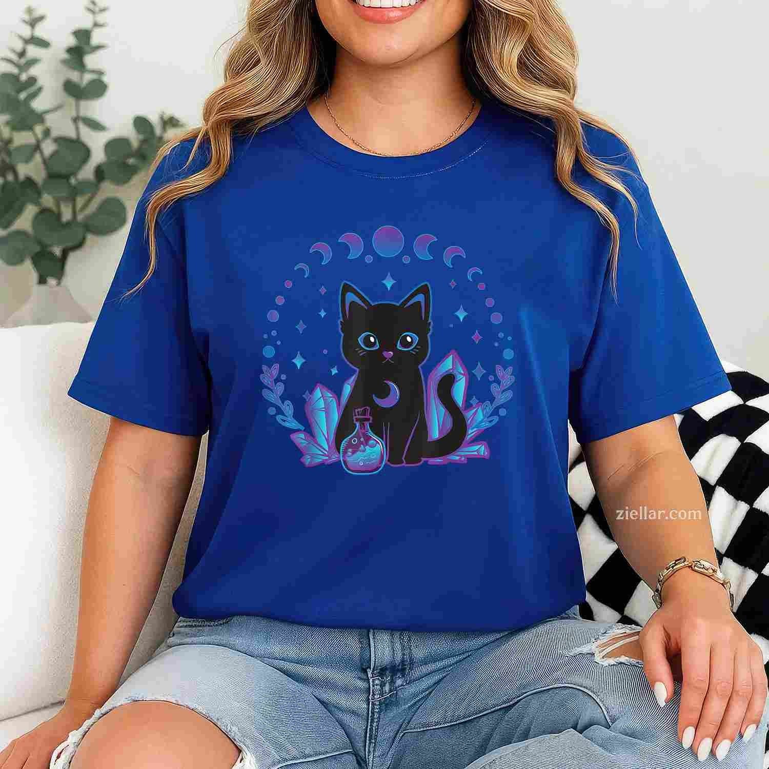 Black Witchy Cat Crystals Gothic Women Kawaii Pastel Goth Tee, Cat Lover T-Shirt for Men Women Adults Unisex, Cool Casual Street Style, Premium Quality