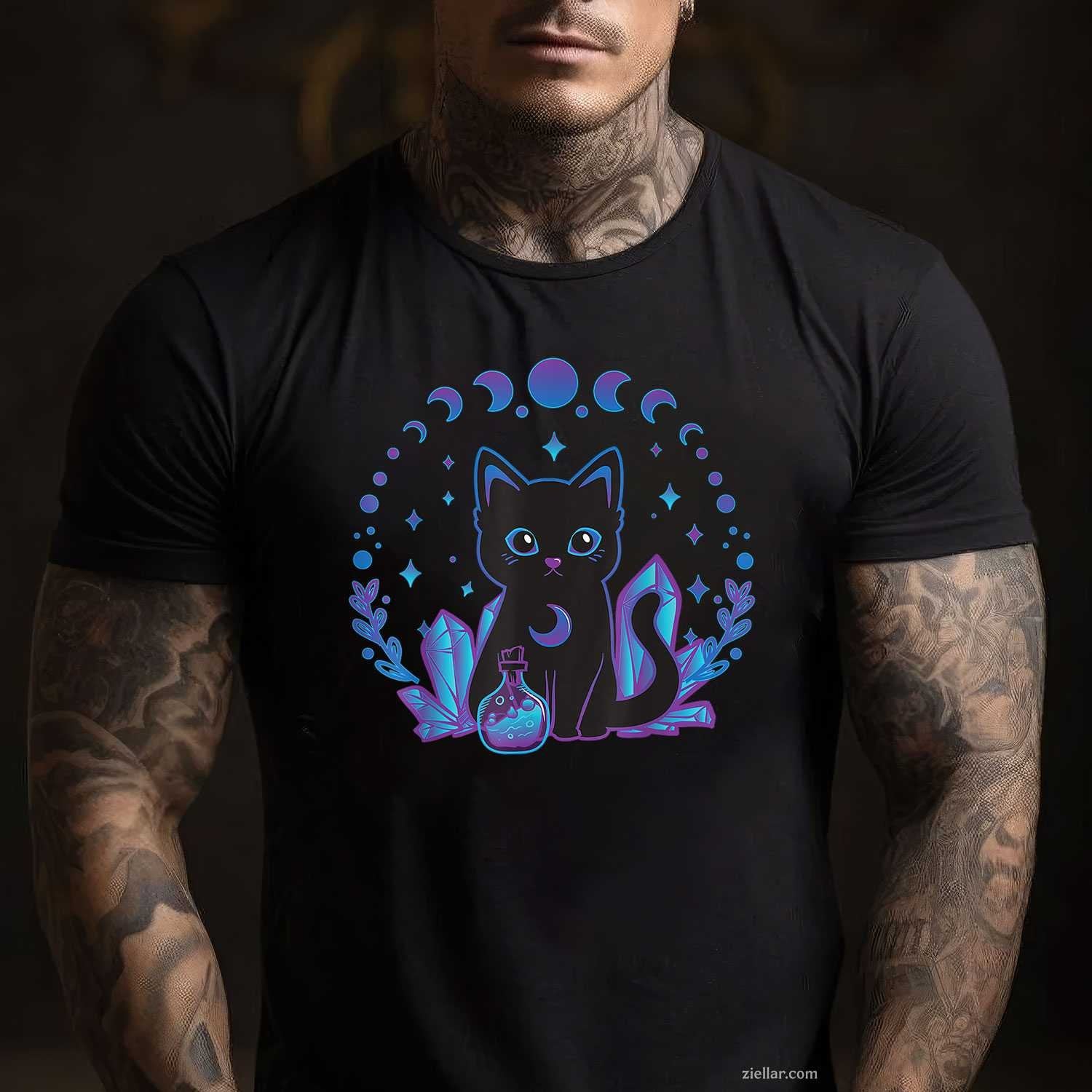 Black Witchy Cat Crystals Gothic Women Kawaii Pastel Goth Tee, Cat Lover T-Shirt for Men Women Adults Unisex, Cool Casual Street Style, Premium Quality