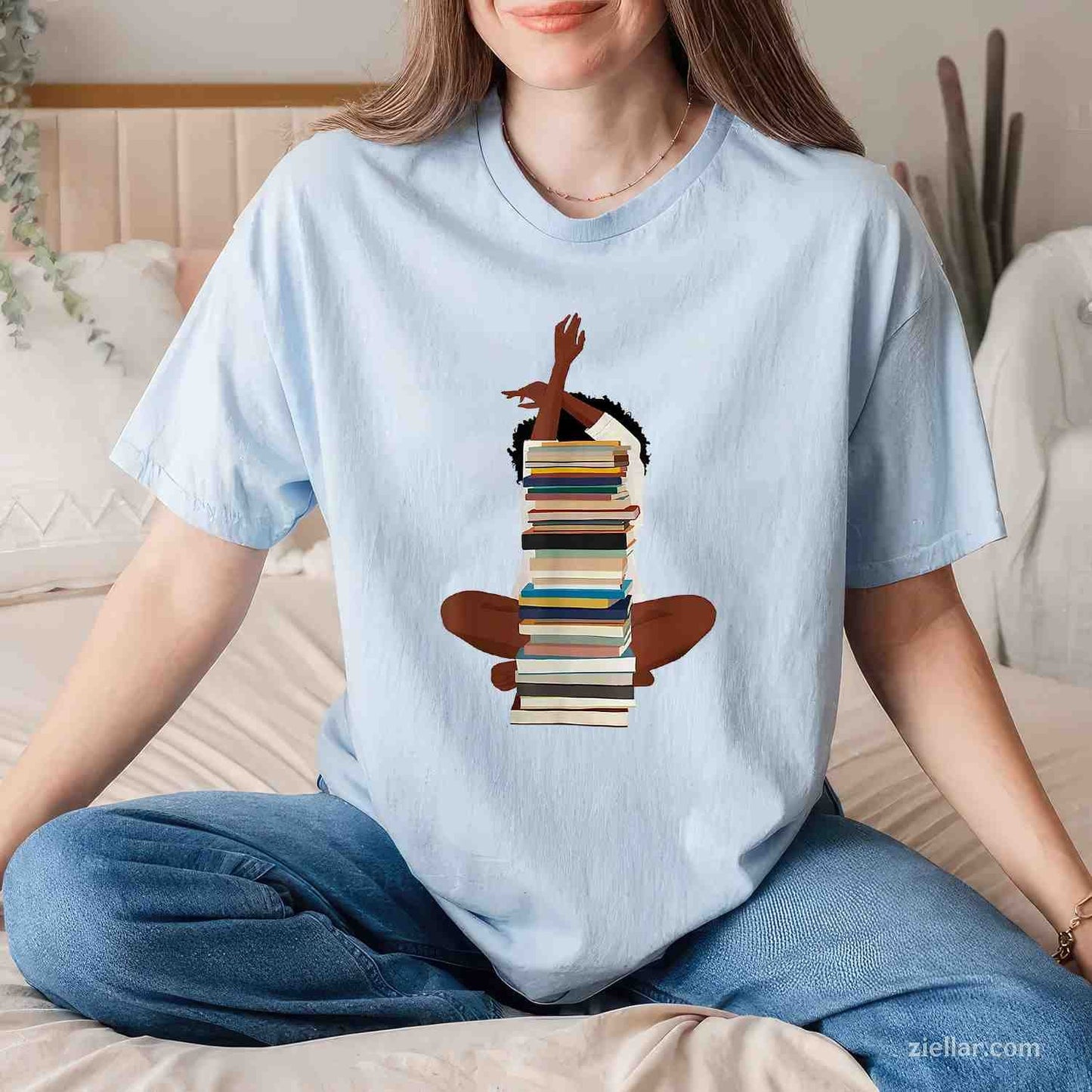 Black Woman And Books Stack - Afro Girl Reading Lover T-Shirt