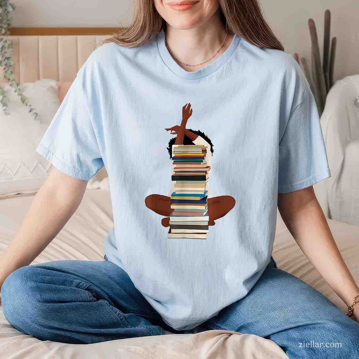 Black Woman And Books Stack - Afro Girl Reading Lover T-Shirt