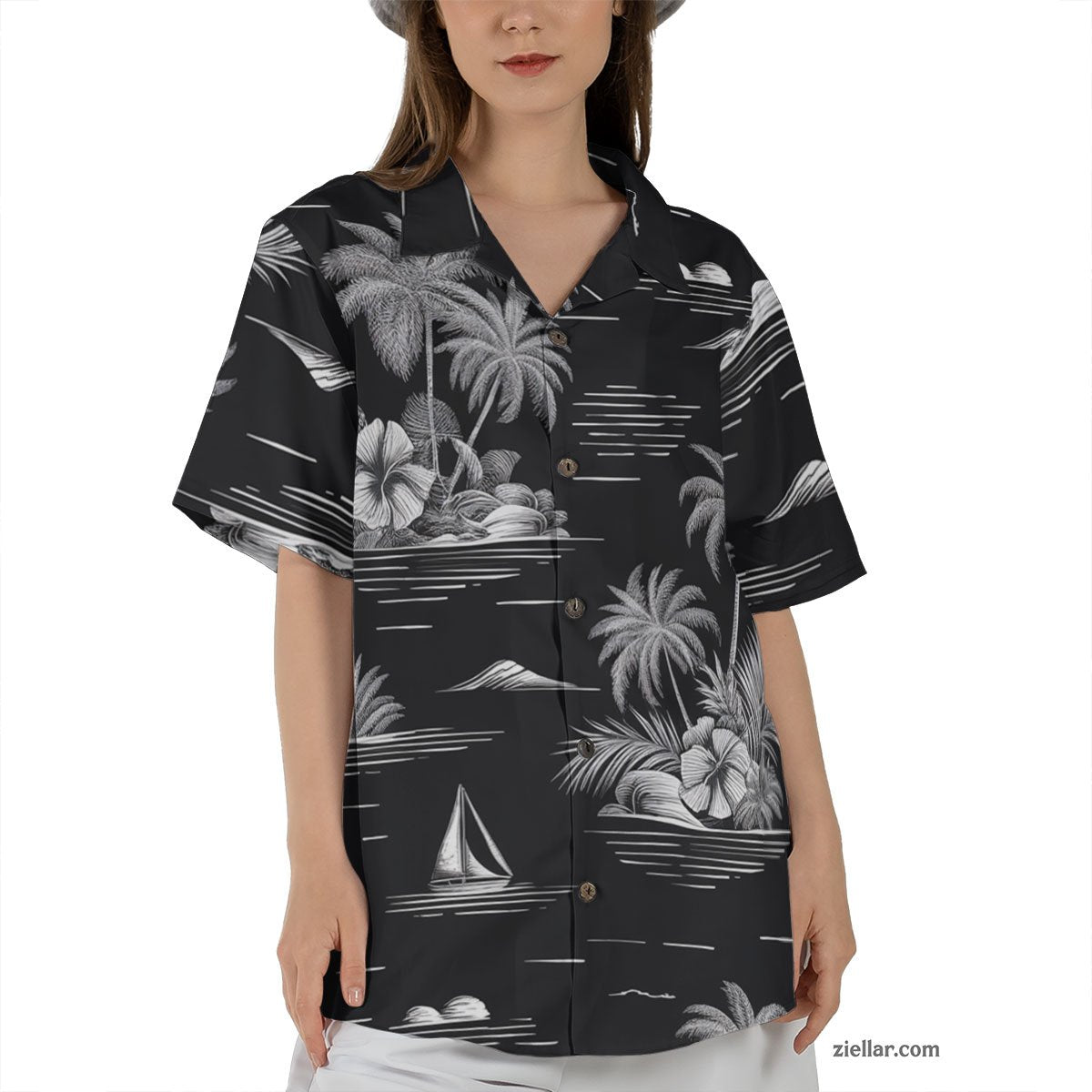 Black & White Tropical Hawaiian Shirt Tee, Vintage Aloha Shirt for Adults