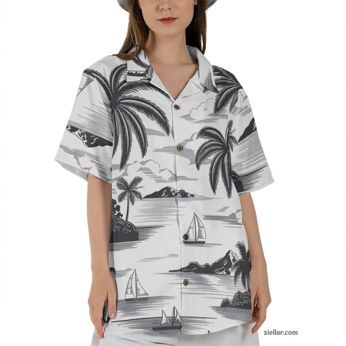Black and White Tropical Sailboat and Palm Tree Hawaiian Shirt for Men Women – Cool and Breezy Summer Apparel