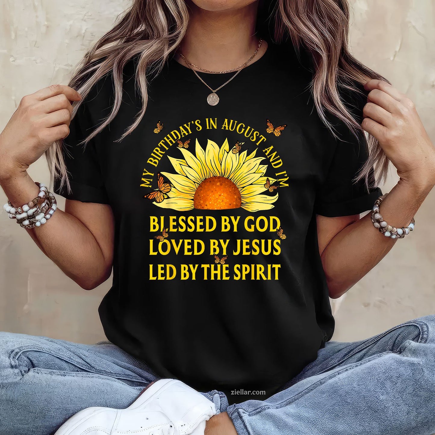 Blessed by God August Birthday Tee and T-Shirt, Christian Sunflower T-Shirt Gift for Adults