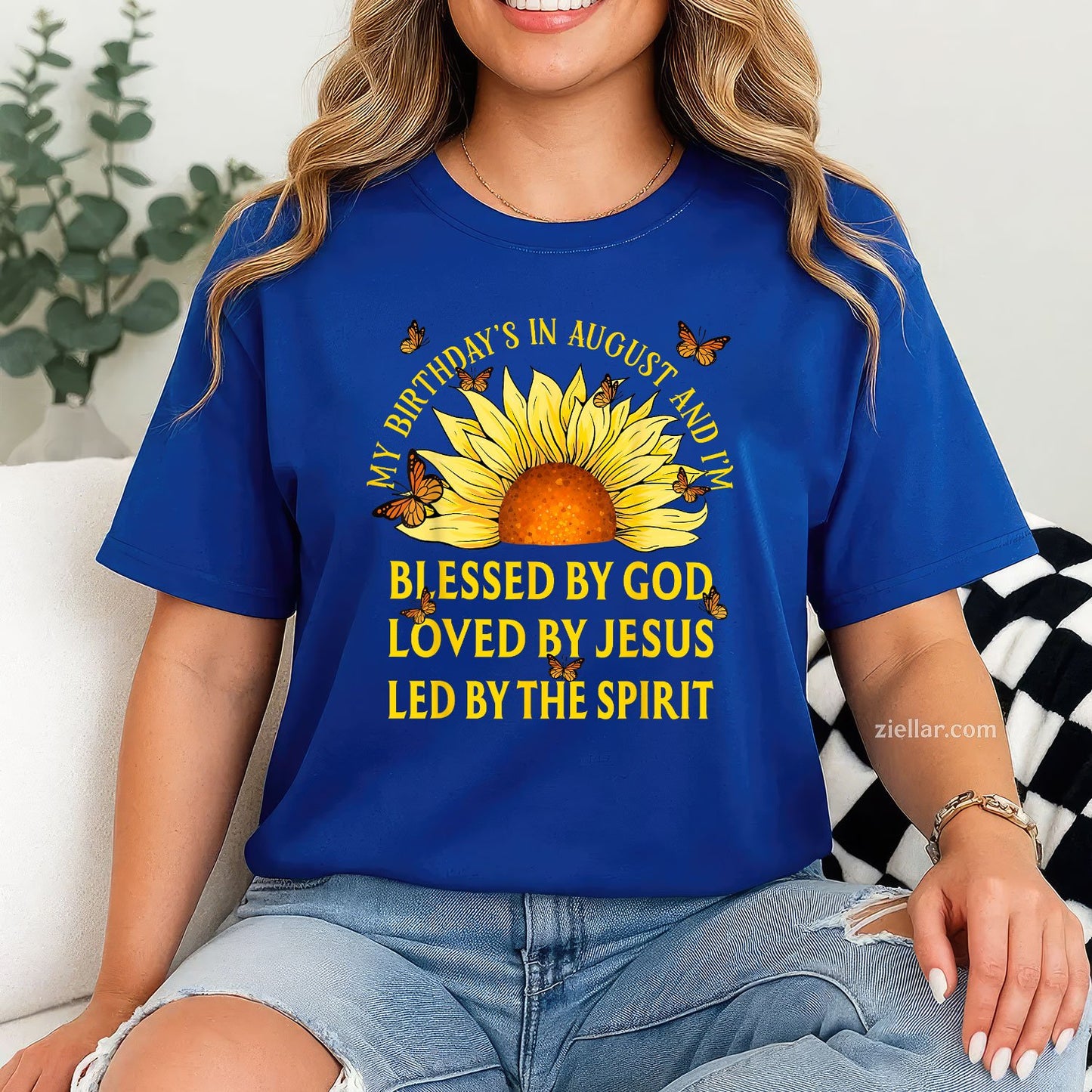 Blessed by God August Birthday Tee and T-Shirt, Christian Sunflower T-Shirt Gift for Adults
