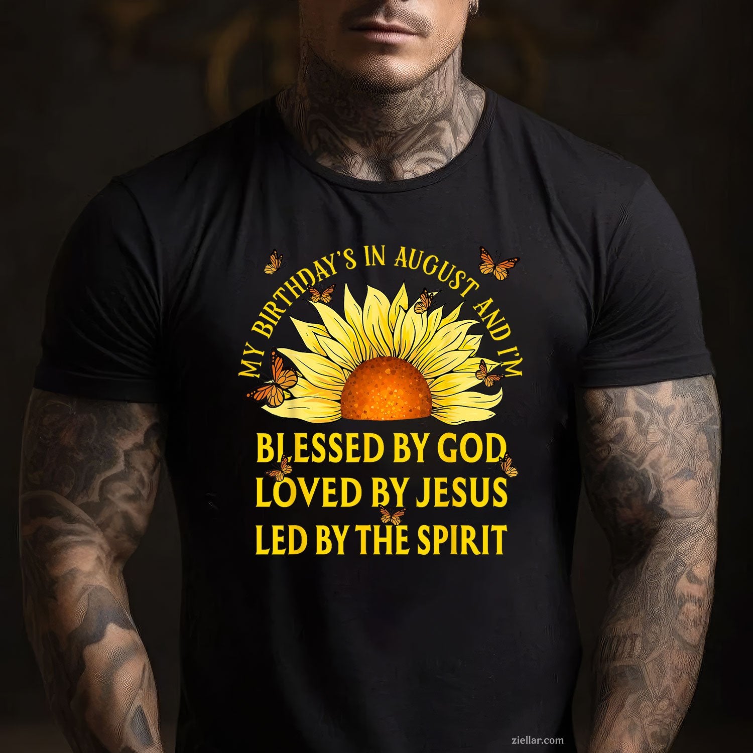 Blessed by God August Birthday Tee and T-Shirt, Christian Sunflower T-Shirt Gift for Adults