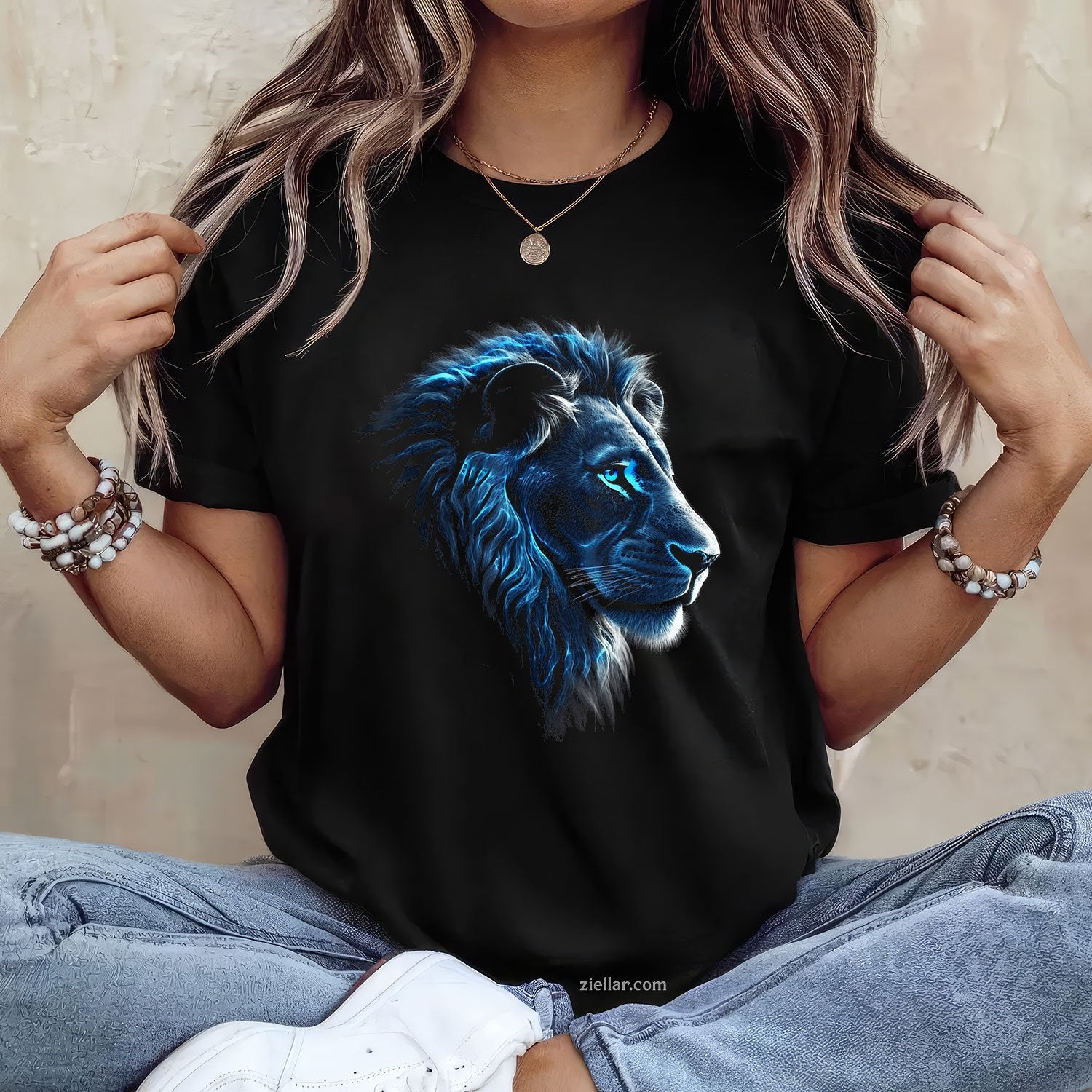 Blue Eyes Lion Artwork Tee and T-Shirt, Realistic Zoo Animal T-Shirt for Adults