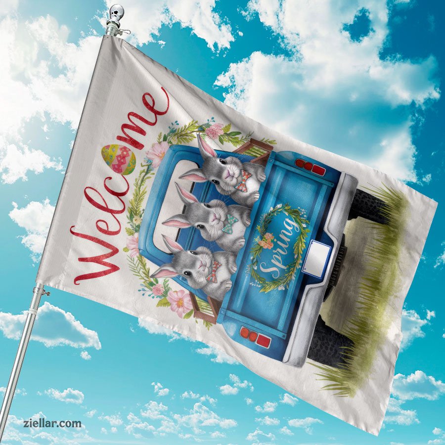Blue Truck with Bunnies Welcome Sign Easter Spring Decor for Garden or Porch