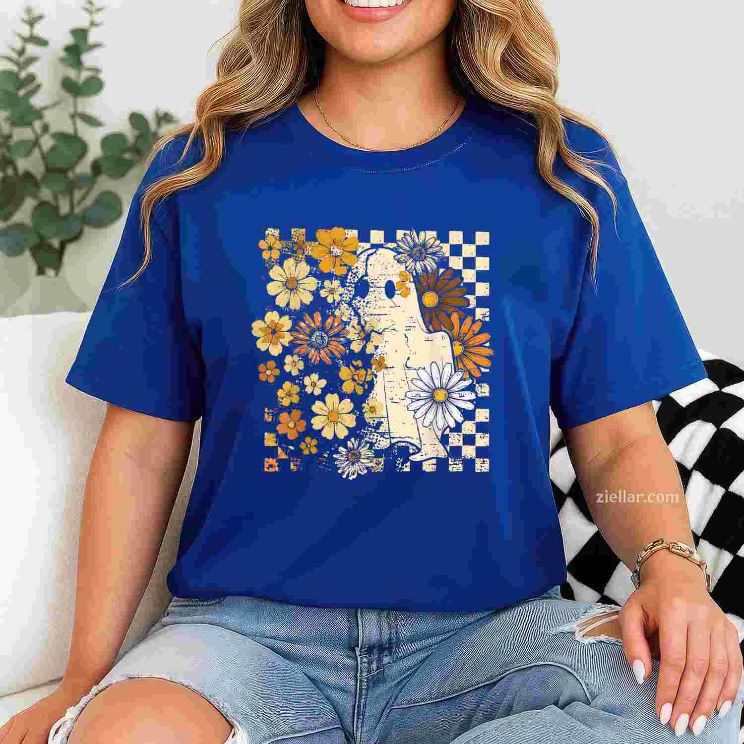 Boho Floral Fall Ghost Thanksgiving Autumn Vibes Halloween Premium T-Shirt And Tee For Women