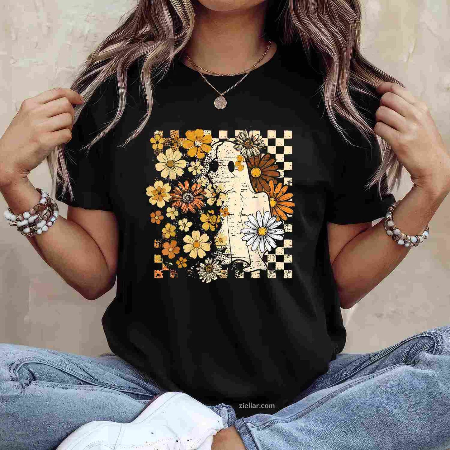 Boho Floral Fall Ghost Thanksgiving Autumn Vibes Halloween Premium T-Shirt And Tee For Women