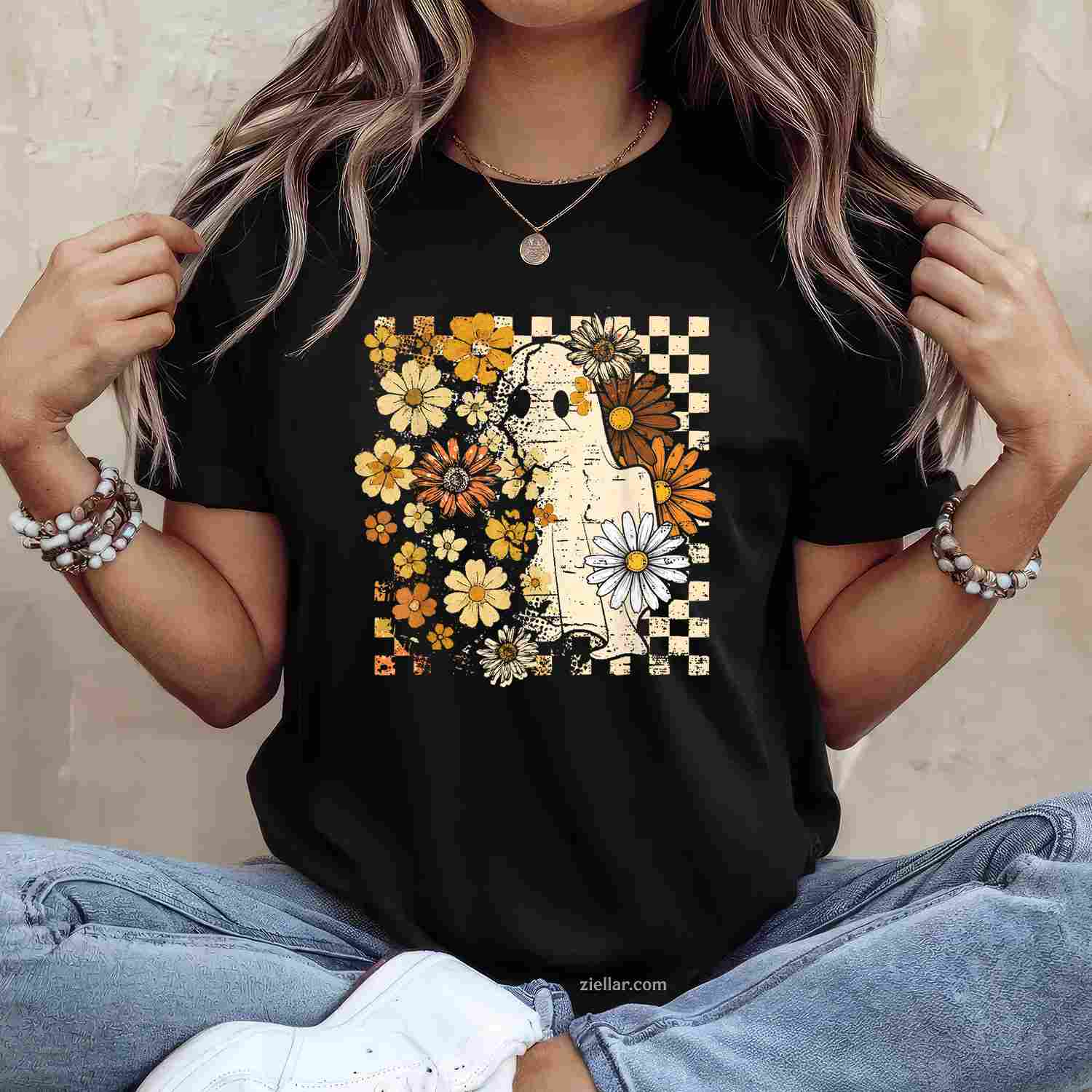 Boho Floral Fall Ghost Thanksgiving Autumn Vibes Halloween Premium T-Shirt And Tee For Women