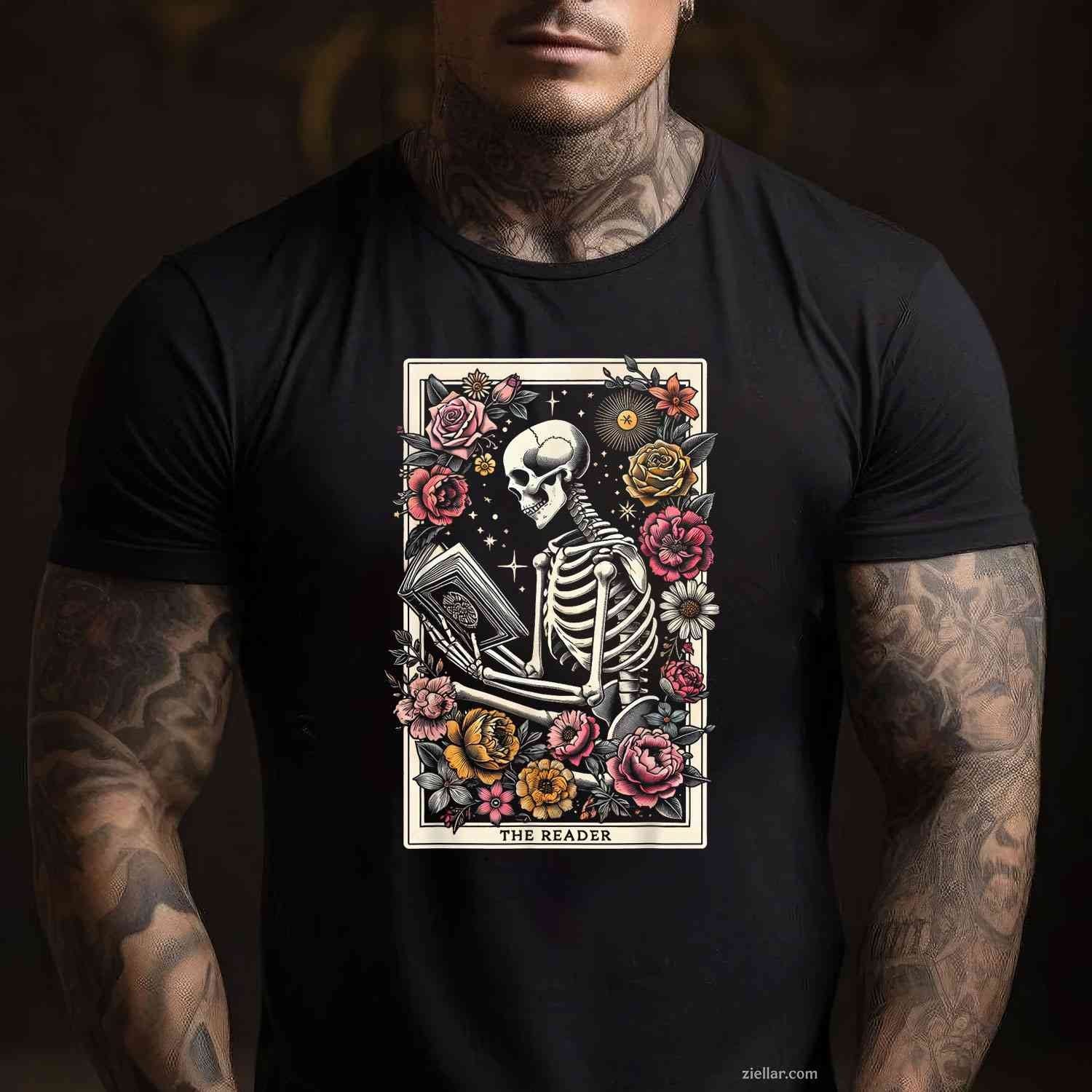 Book Lover The Reader Tarot Card T-Shirt, Funny Skeleton Reading Vintage Graphic Tee For Adults