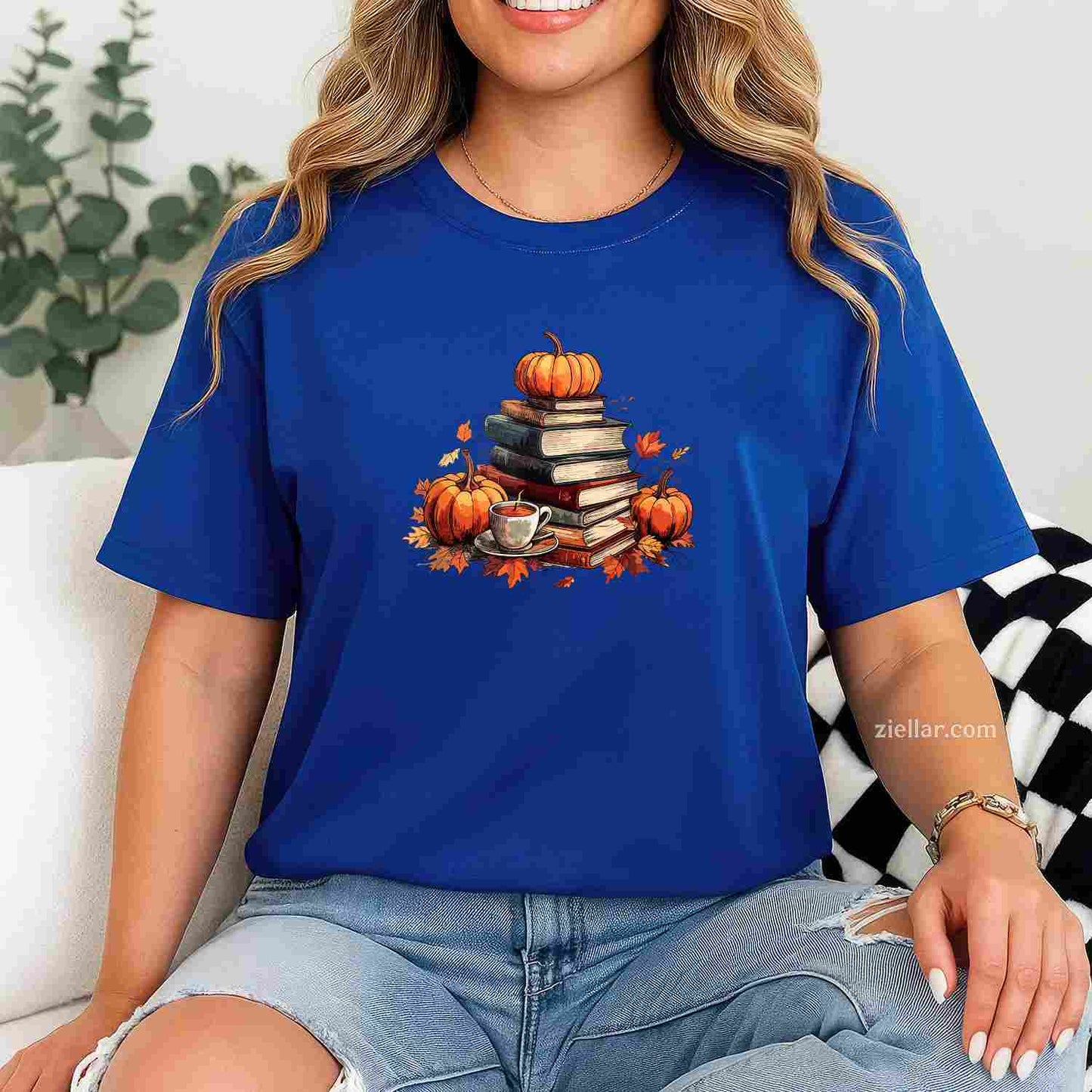 Books Coffee Fall Leaves and Pumpkins Vintage Library T-Shirt and Tee for Adults Men Women Unisex