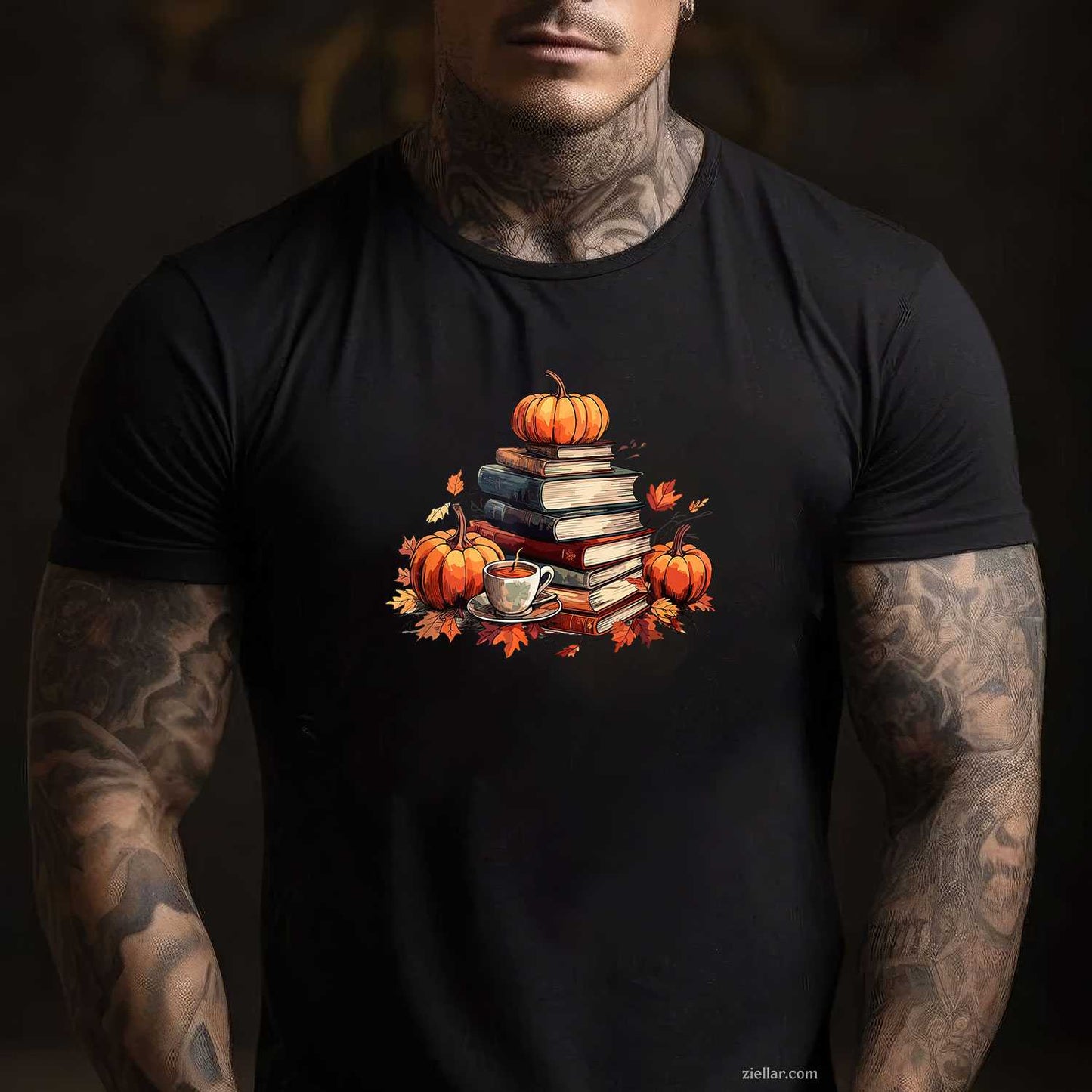 Books Coffee Fall Leaves and Pumpkins Vintage Library T-Shirt and Tee for Adults Men Women Unisex