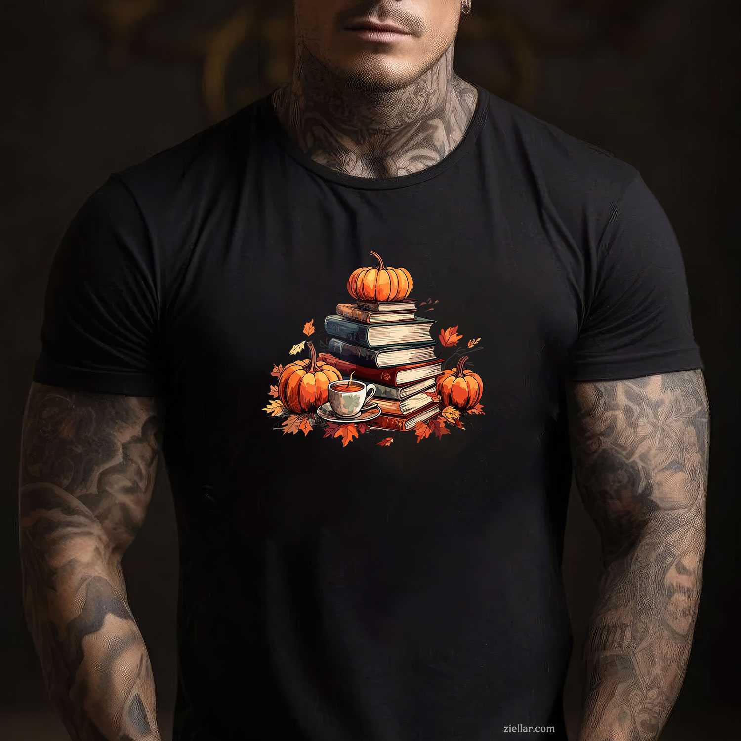 Books Coffee Fall Leaves and Pumpkins Vintage Library T-Shirt and Tee for Adults Men Women Unisex