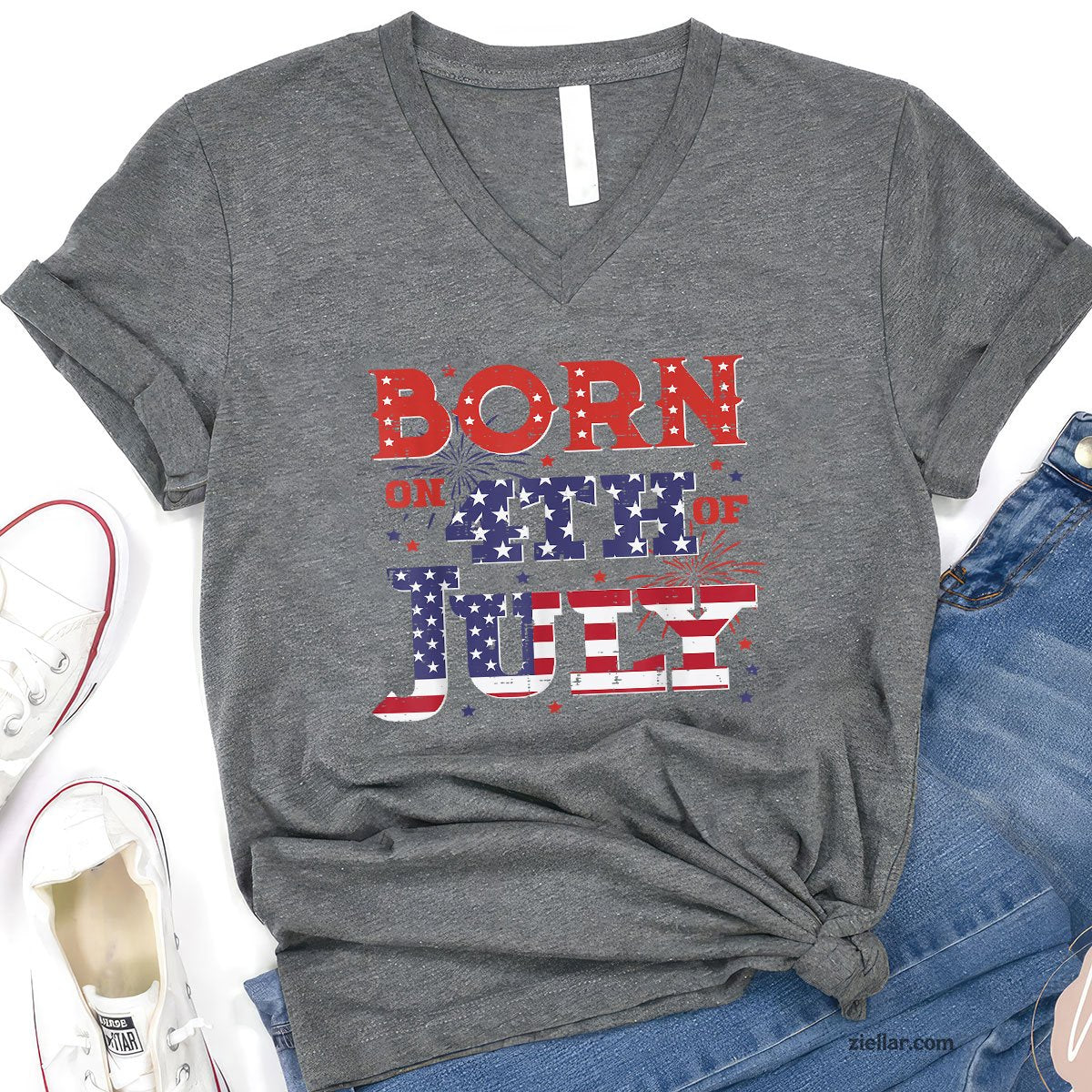 Born On 4th Of July Birthday American Men Women Boys Kids V-Neck Shirt