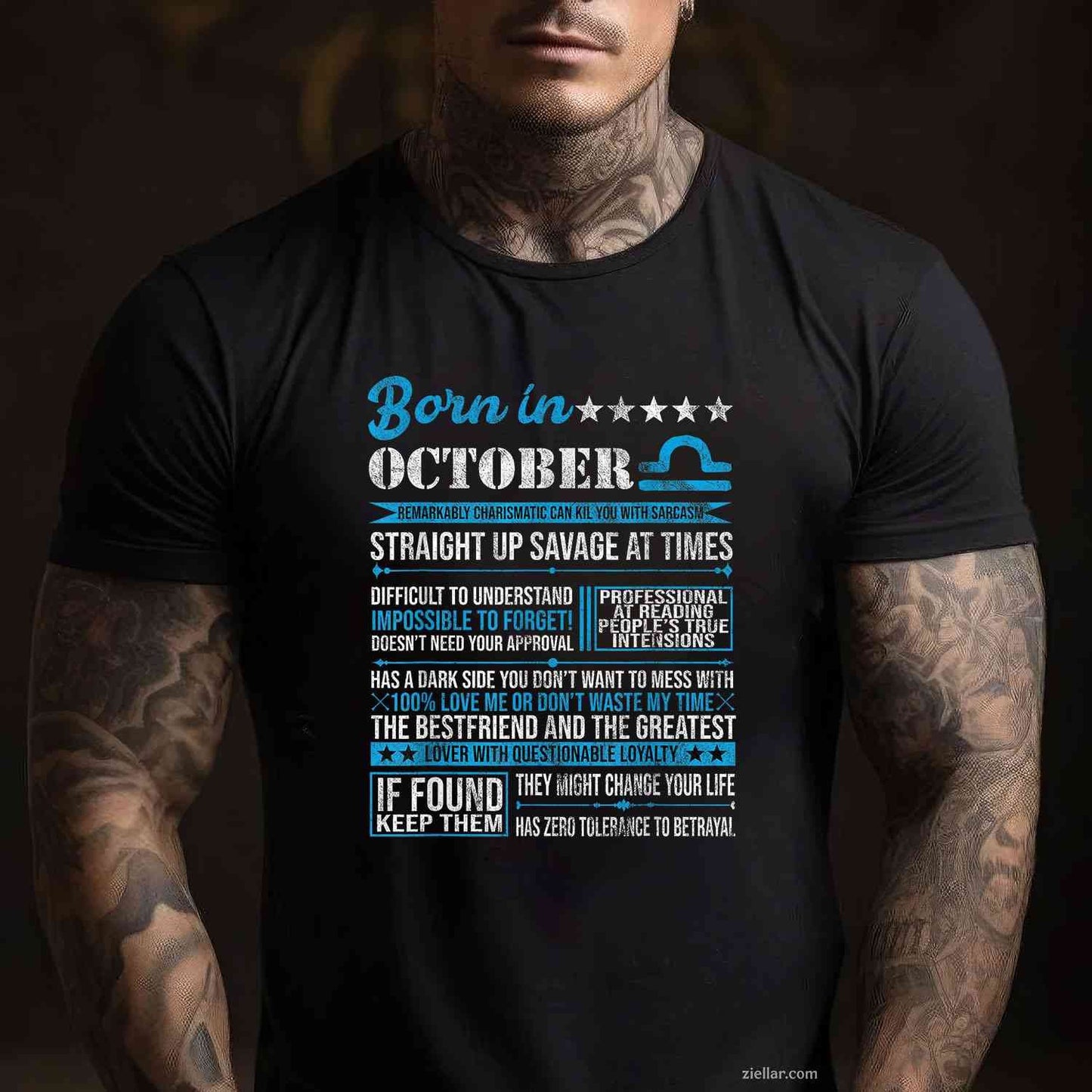 Born in October Libra Horoscope Birthday Gift T-Shirt and Tee for Adults Men Women Unisex