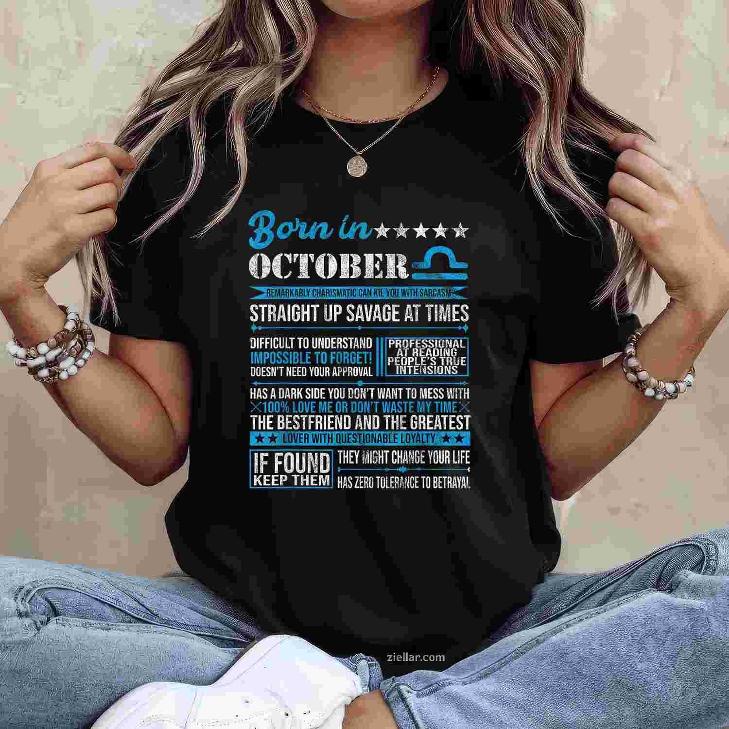 Born in October Libra Horoscope Birthday Gift T-Shirt and Tee for Adults Men Women Unisex