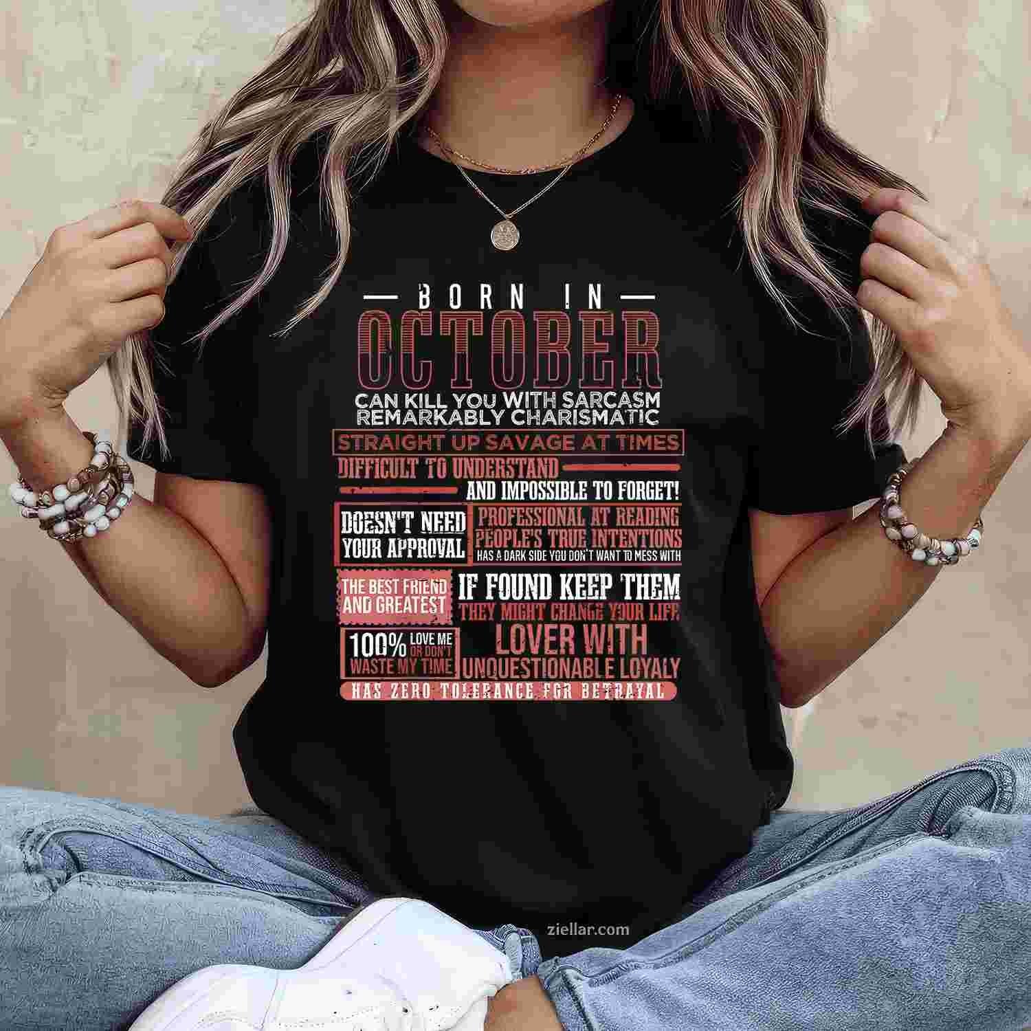 Born in October Libra Horoscope Birthday T-Shirt and Tee for Adults Men Women Unisex