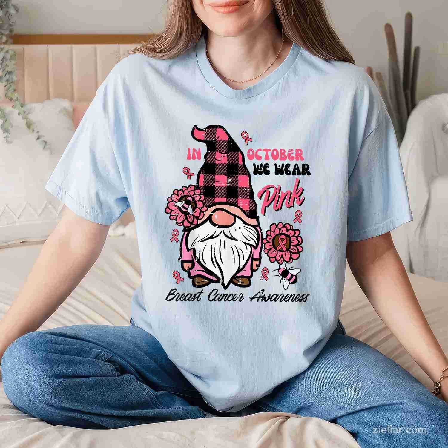 Breast Cancer Aware Gnome October We Wear Pink Women Kid Men Funny Graphic Tee and T-Shirt Gift for Adults Men Women Unisex