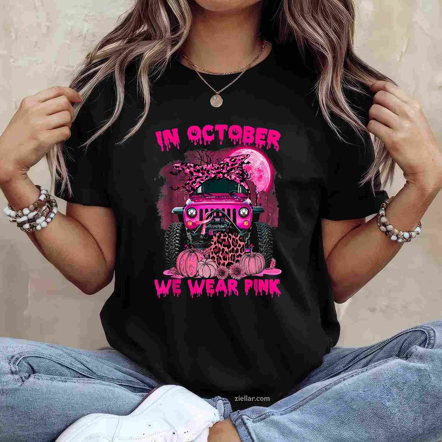 Breast Cancer Awareness In October We Wear Pink Ribbon Truck Funny Graphic Tee and T-Shirt Gift for Adults Men Women Unisex