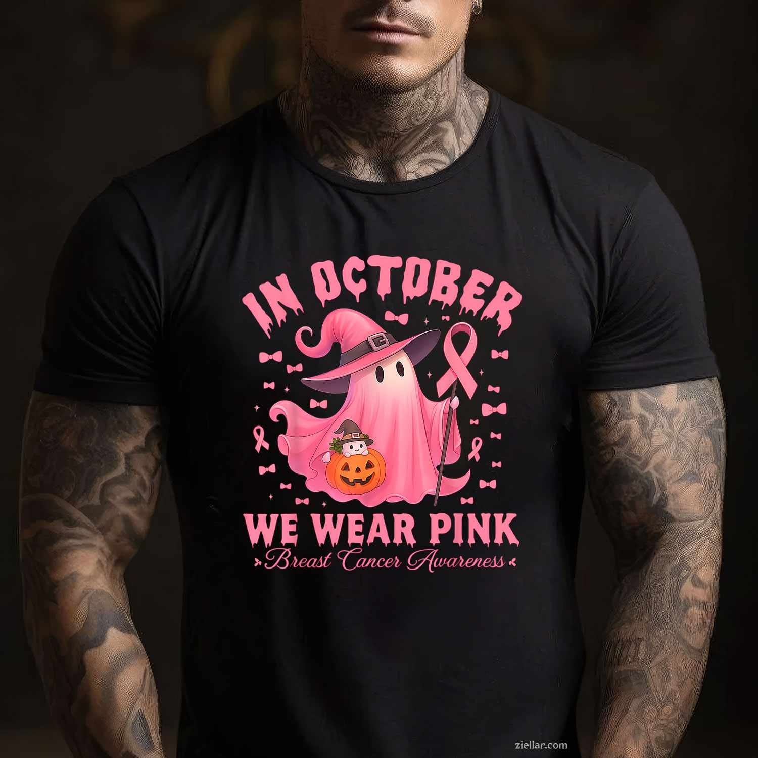 Breast Cancer Awareness Halloween In October We Wear Pink Funny Graphic Tee and T-Shirt Gift for Adults Men Women Unisex