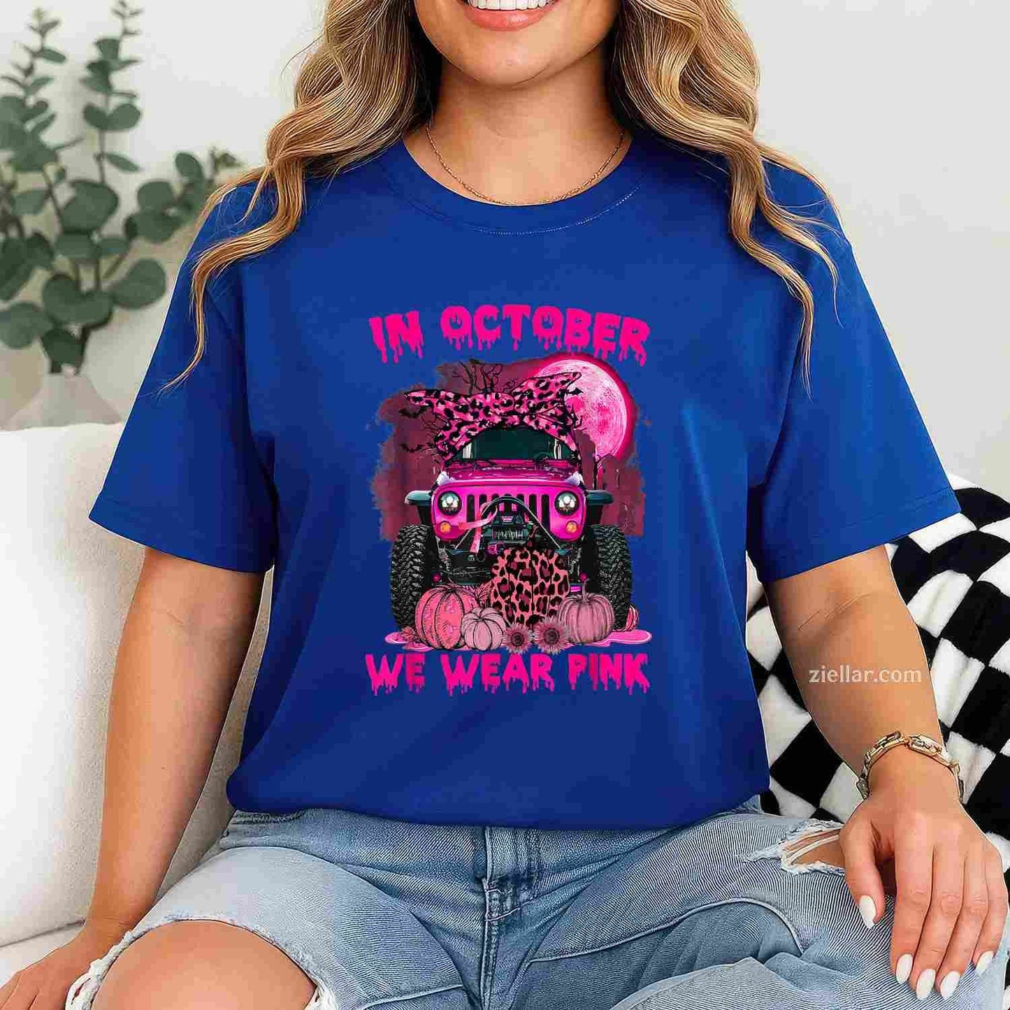 Breast Cancer Awareness In October We Wear Pink Ribbon Truck Funny Graphic Tee and T-Shirt Gift for Adults Men Women Unisex