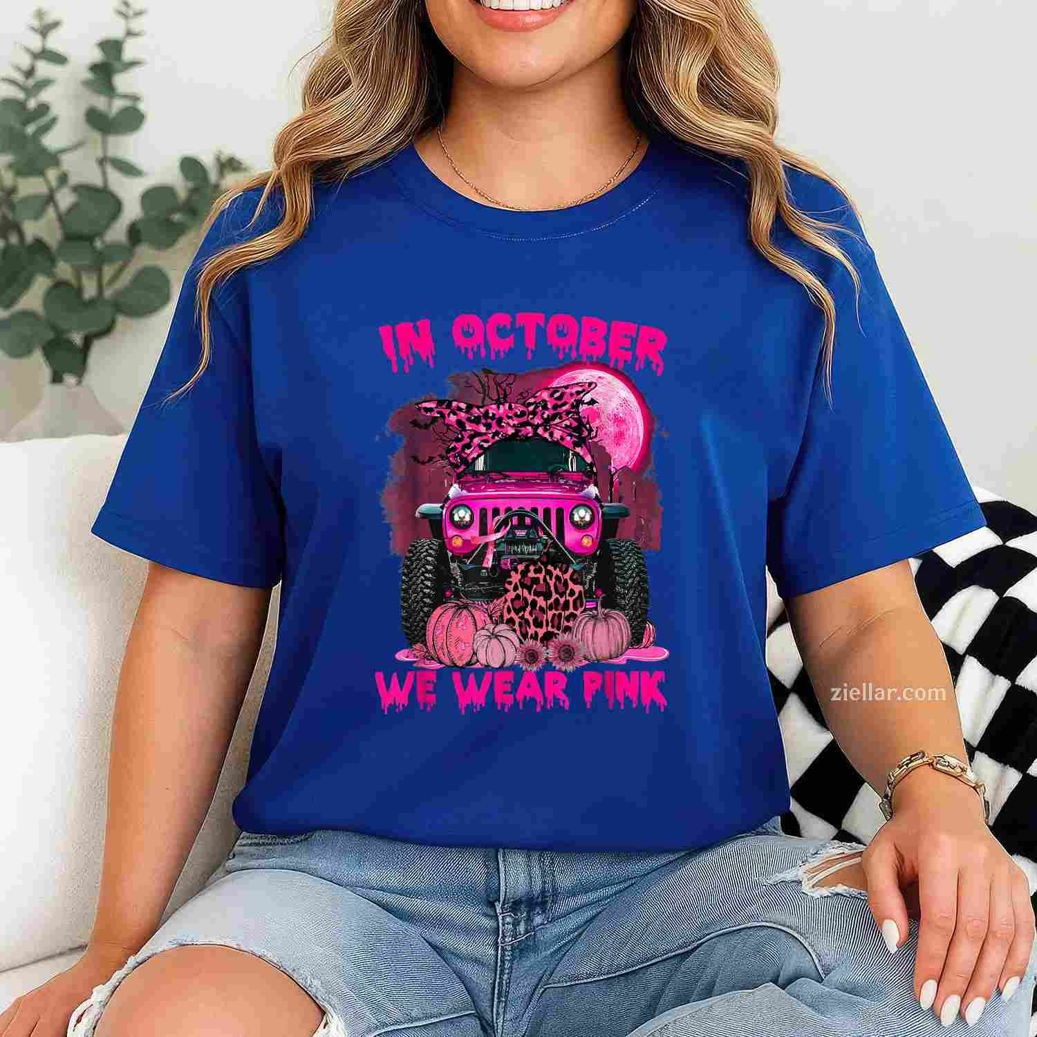 Breast Cancer Awareness In October We Wear Pink Ribbon Truck Funny Graphic Tee and T-Shirt Gift for Adults Men Women Unisex