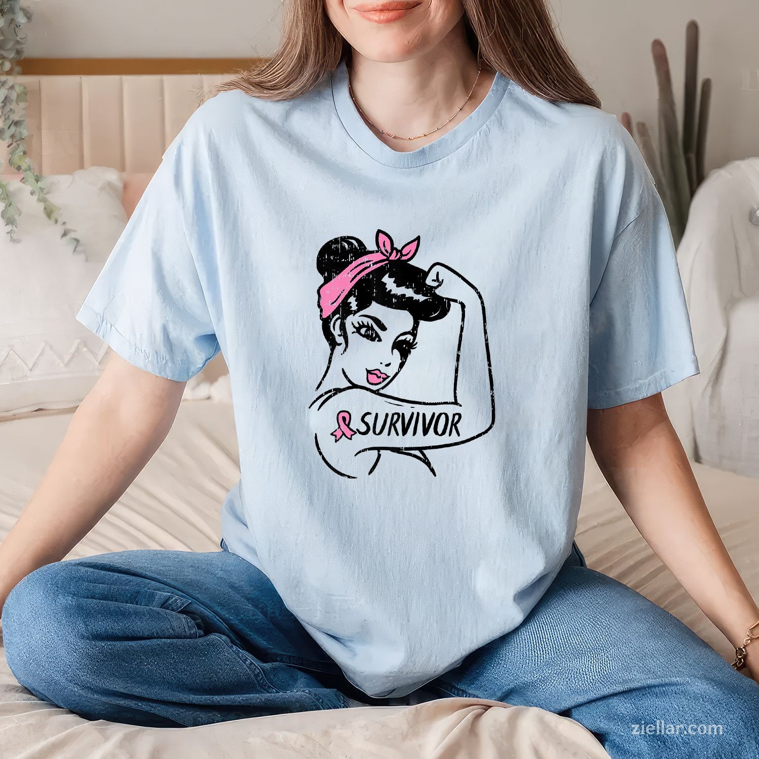 Breast Cancer Survivor Rosie Riveter Pink Awareness Women T-Shirt