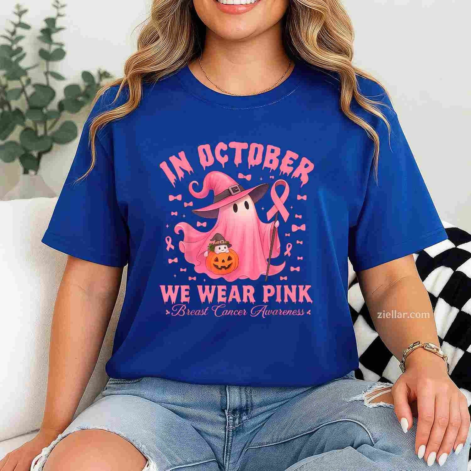 Breast Cancer Awareness Halloween In October We Wear Pink Funny Graphic Tee and T-Shirt Gift for Adults Men Women Unisex