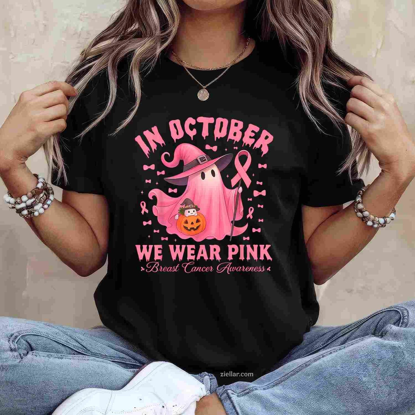 Breast Cancer Awareness Halloween In October We Wear Pink Funny Graphic Tee and T-Shirt Gift for Adults Men Women Unisex