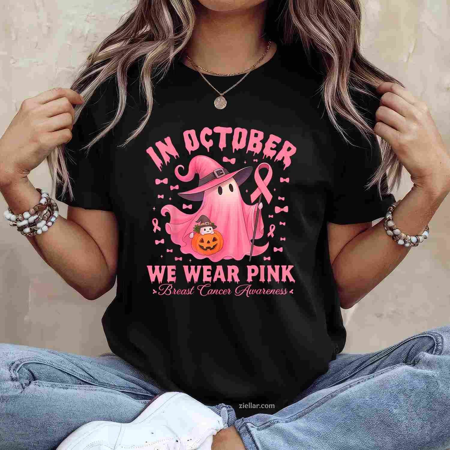 Breast Cancer Awareness Halloween In October We Wear Pink Funny Graphic Tee and T-Shirt Gift for Adults Men Women Unisex