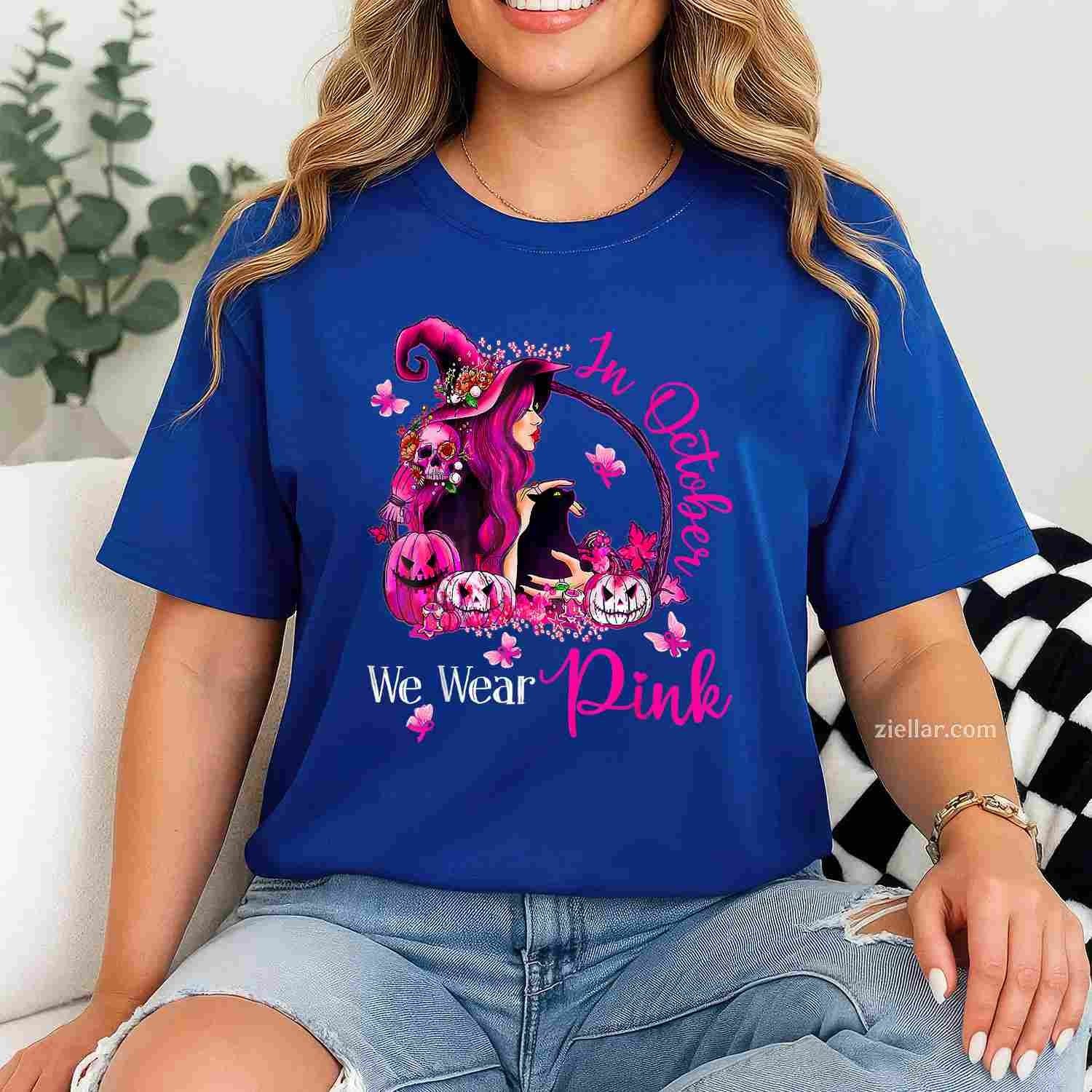Breast Cancer Witches In October We Wear Pink Autumn Fall Funny Graphic Tee and T-Shirt Gift for Adults Men Women Unisex