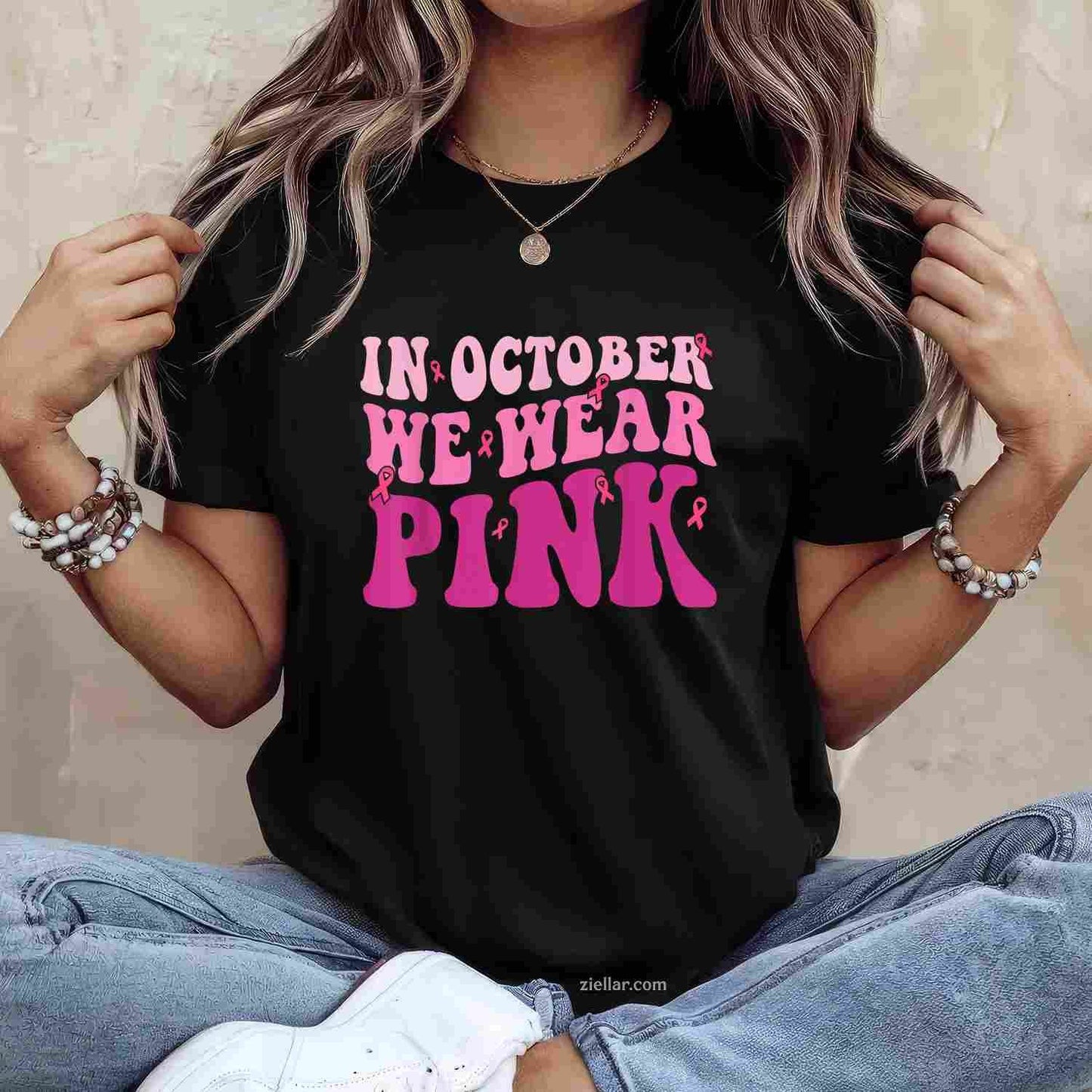 Breast Cancer s for Women In October We Wear Pink Funny Graphic Tee and T-Shirt Gift for Adults Men Women Unisex